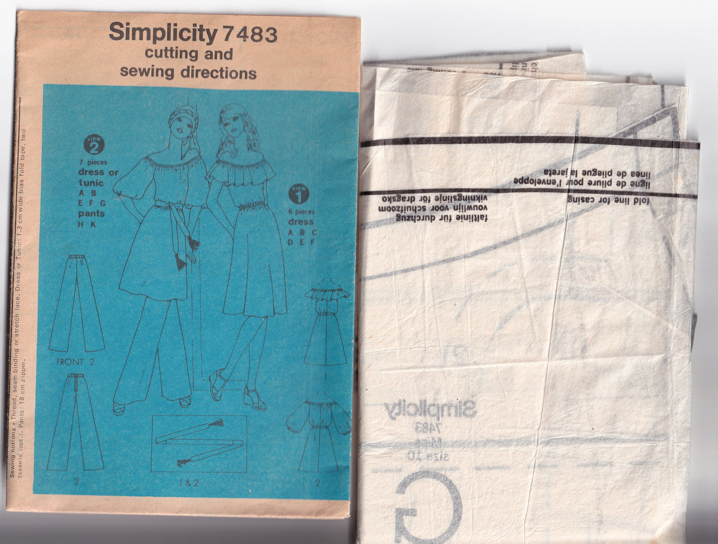 Simplicity 7483 Womens Ruffled Peasant Dress Tunic & Pants 1970s Vintage Sewing Pattern Size 10 Bust 32.5 Inches