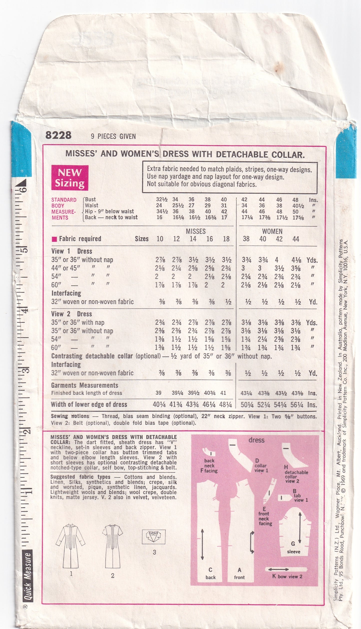 Simplicity 8228 Womens Classic Sheath Dress With Detachable Collar 1960s Vintage Sewing Pattern Size 12 Bust 34 inches