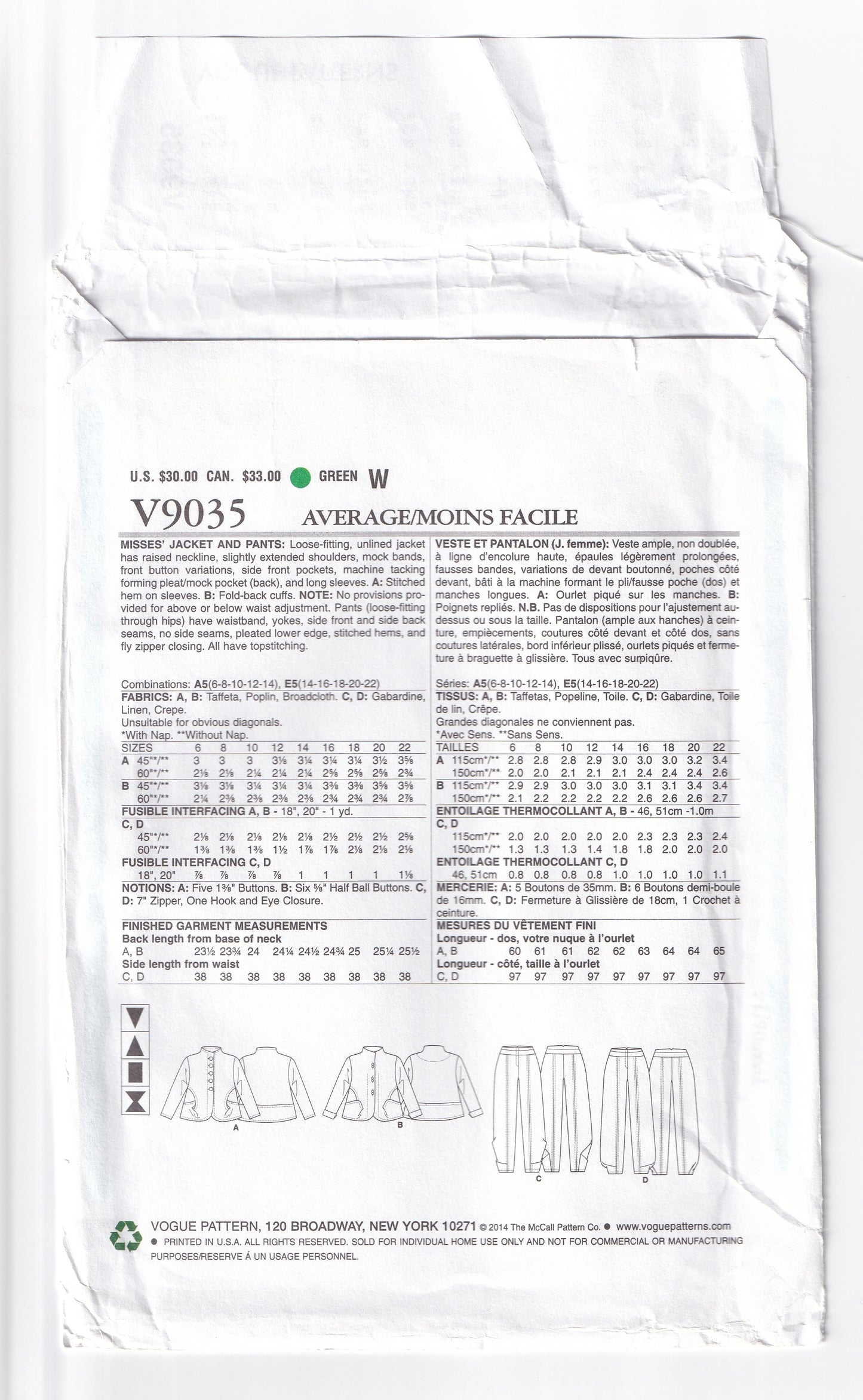 Vogue Designer Original 9035 Marcy Tilton Womens Origami Style Jacket & Pants Out Of Print Paper Sewing Pattern Size 6 - 14 UNCUT Factory Folded