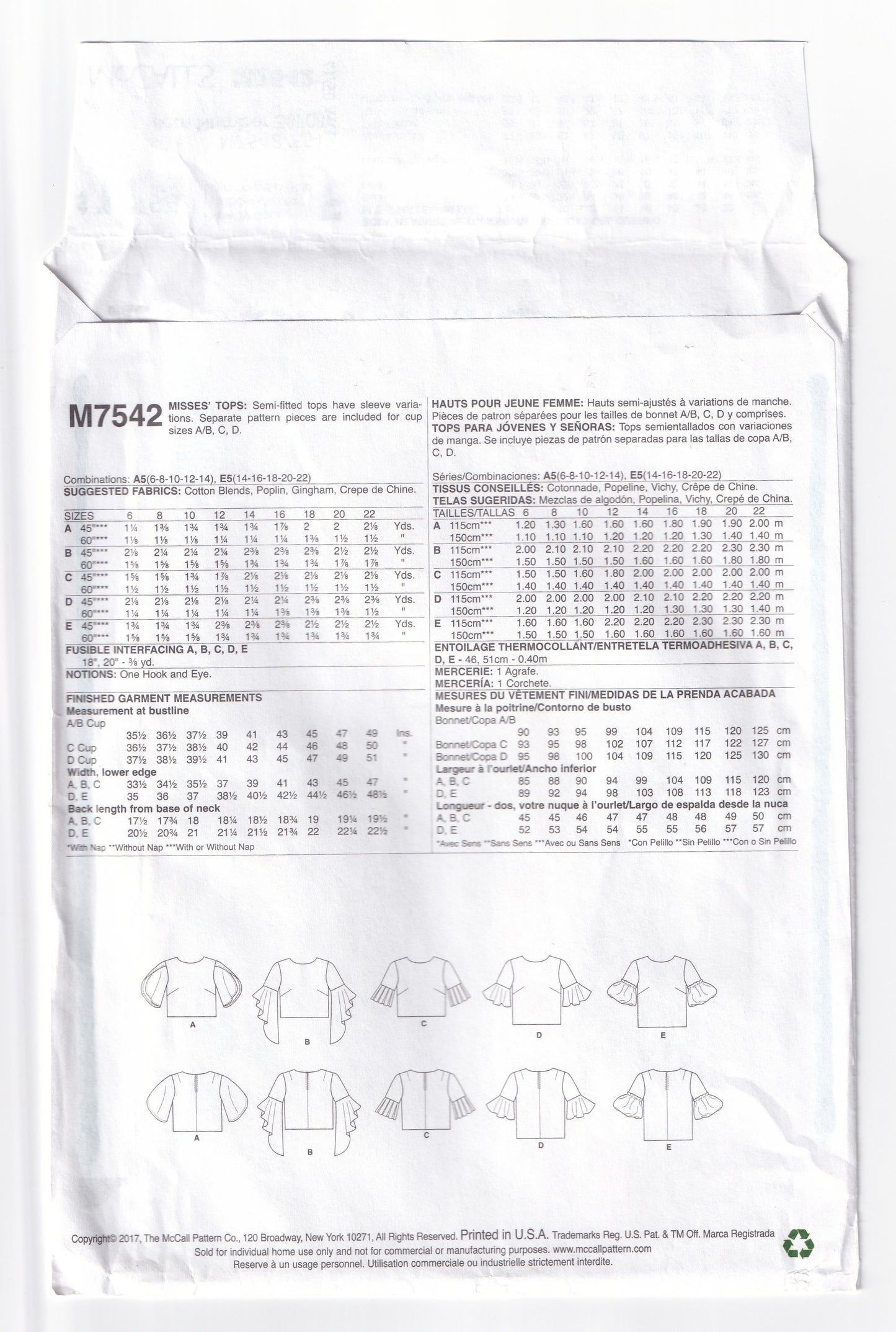 McCall's 7542 Womens Pullover Tops with Sleeve Variations Out Of Print Sewing Pattern Size 14 - 22 UNCUT Factory Folded