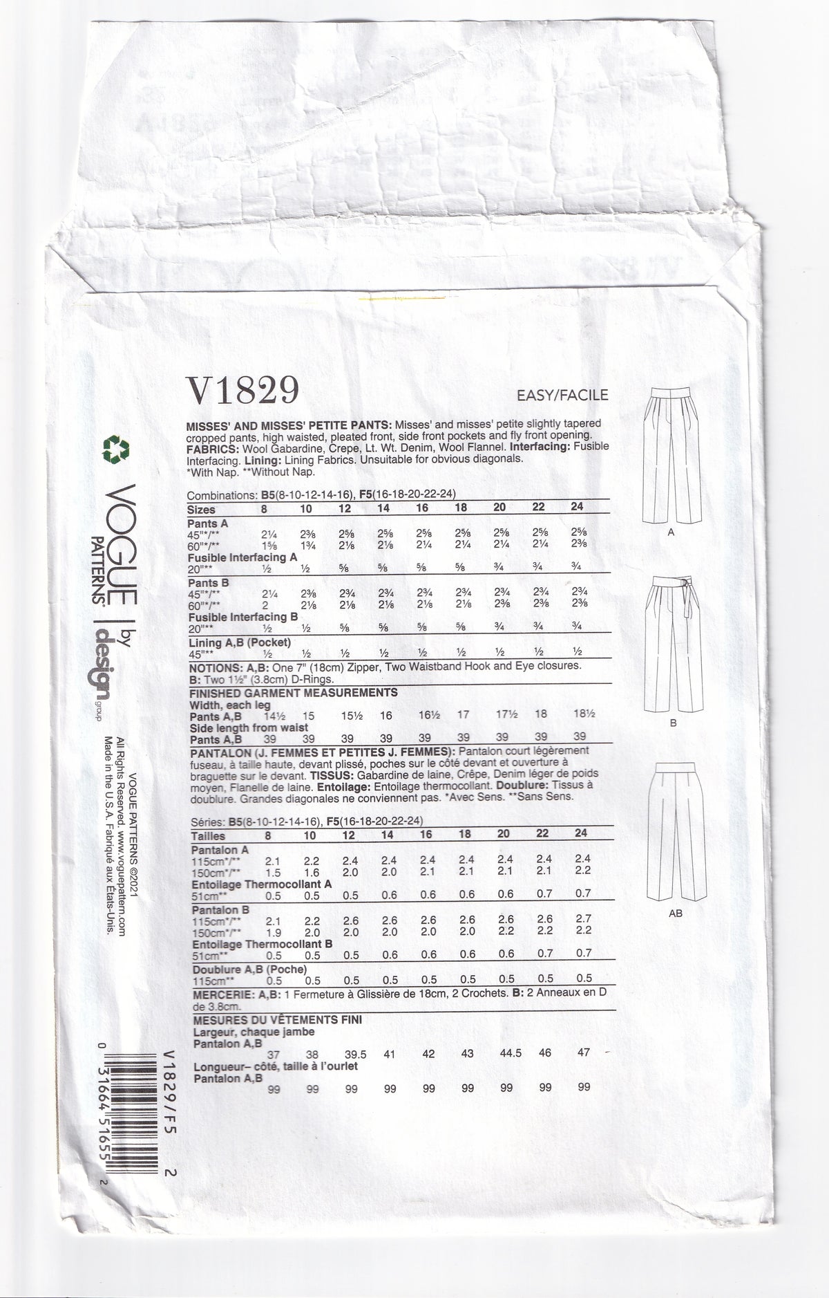 Pattern V1829 Vogue 1829 Womens High Waisted Pleated Pants Sewing Pattern Sizes 16 ...