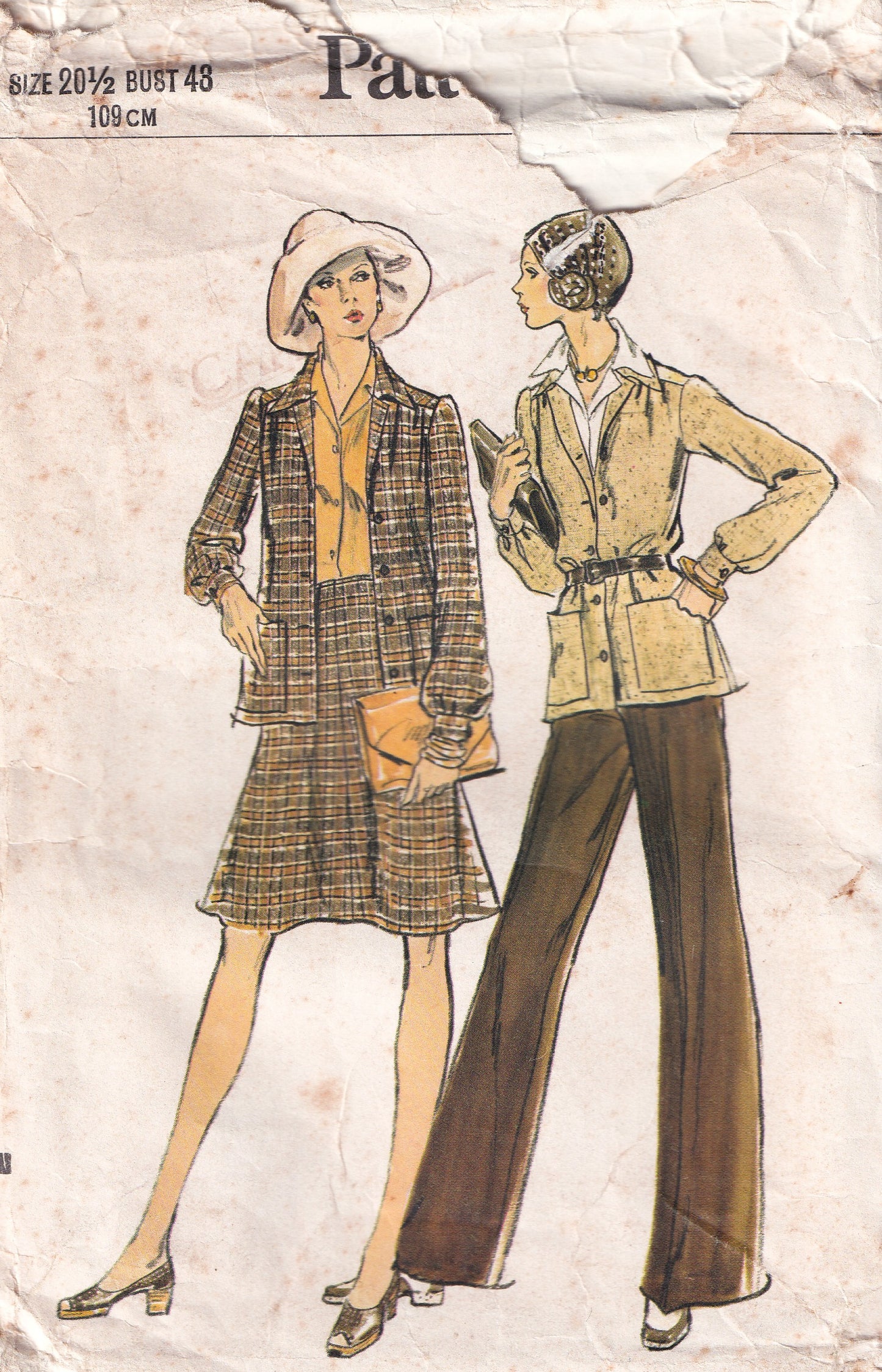 Vogue 8772 Womens Half Size Wide Collar Jacket Flared Pants & Skirt 1970s Vintage Sewing Pattern Bust 43 inches