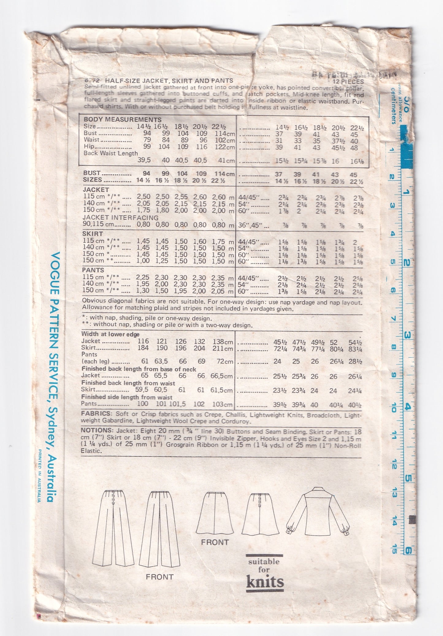 Vogue 8772 Womens Half Size Wide Collar Jacket Flared Pants & Skirt 1970s Vintage Sewing Pattern Bust 43 inches