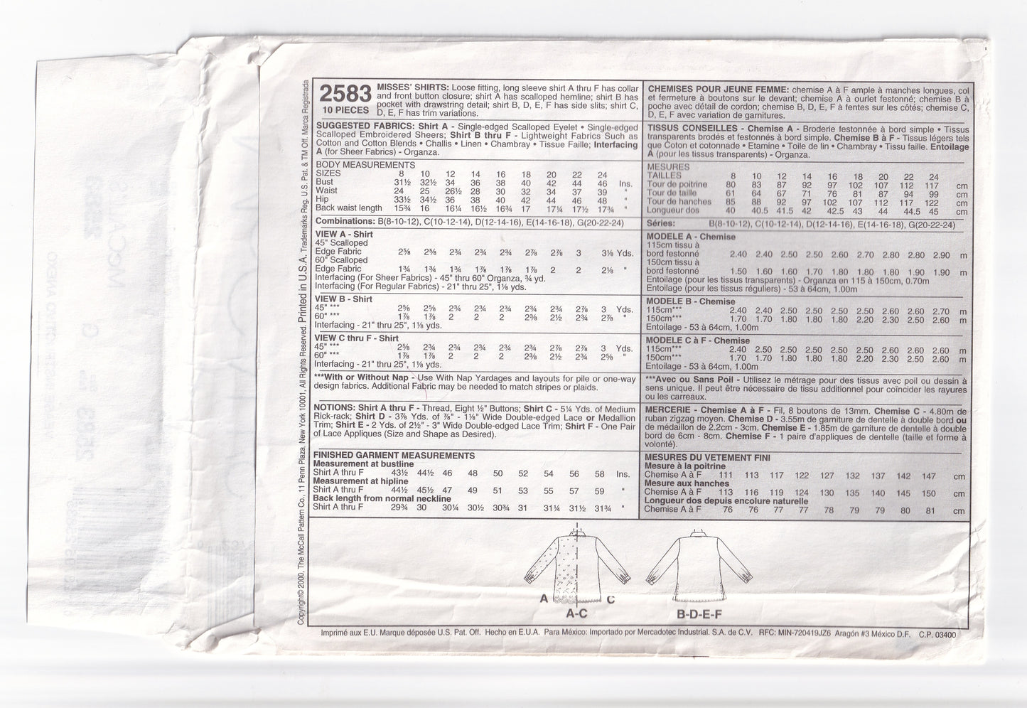 McCall's 2583 Womens Loose Fitting Long Sleeved Shirts Out Of Print Sewing Pattern Size 20W - 24W UNCUT Factory Folded