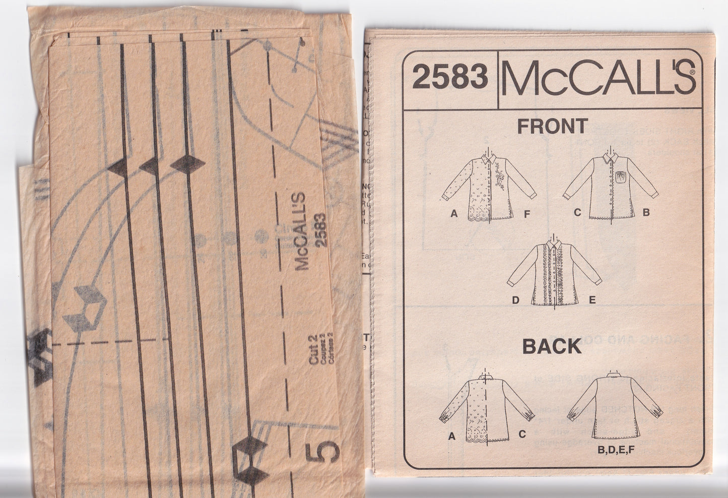 McCall's 2583 Womens Loose Fitting Long Sleeved Shirts Out Of Print Sewing Pattern Size 20W - 24W UNCUT Factory Folded