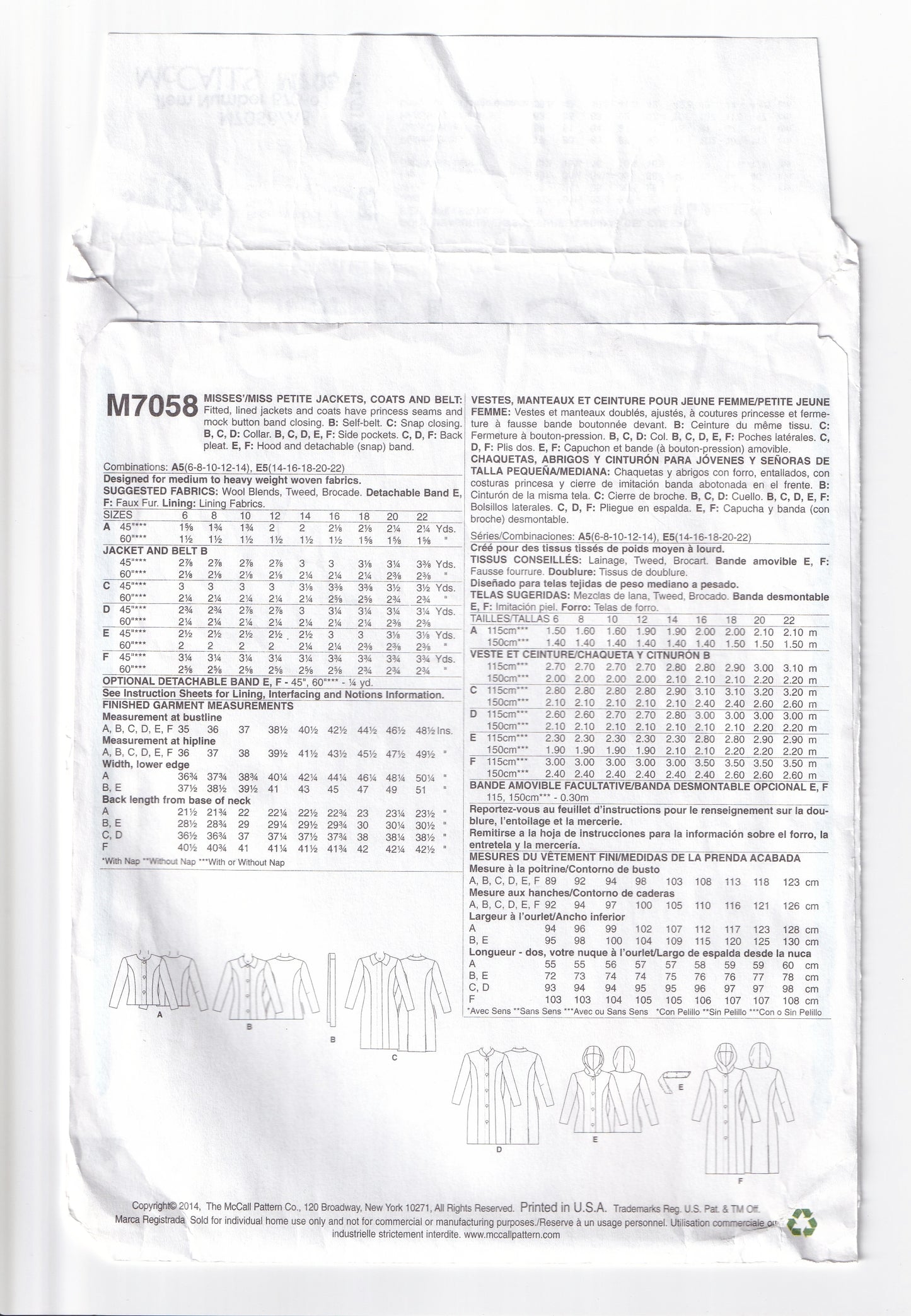 McCall's 7058 Womens Lined Princess Coat & Jacket Out Of Print Sewing Pattern Sizes 6 - 14 UNCUT Factory Folded