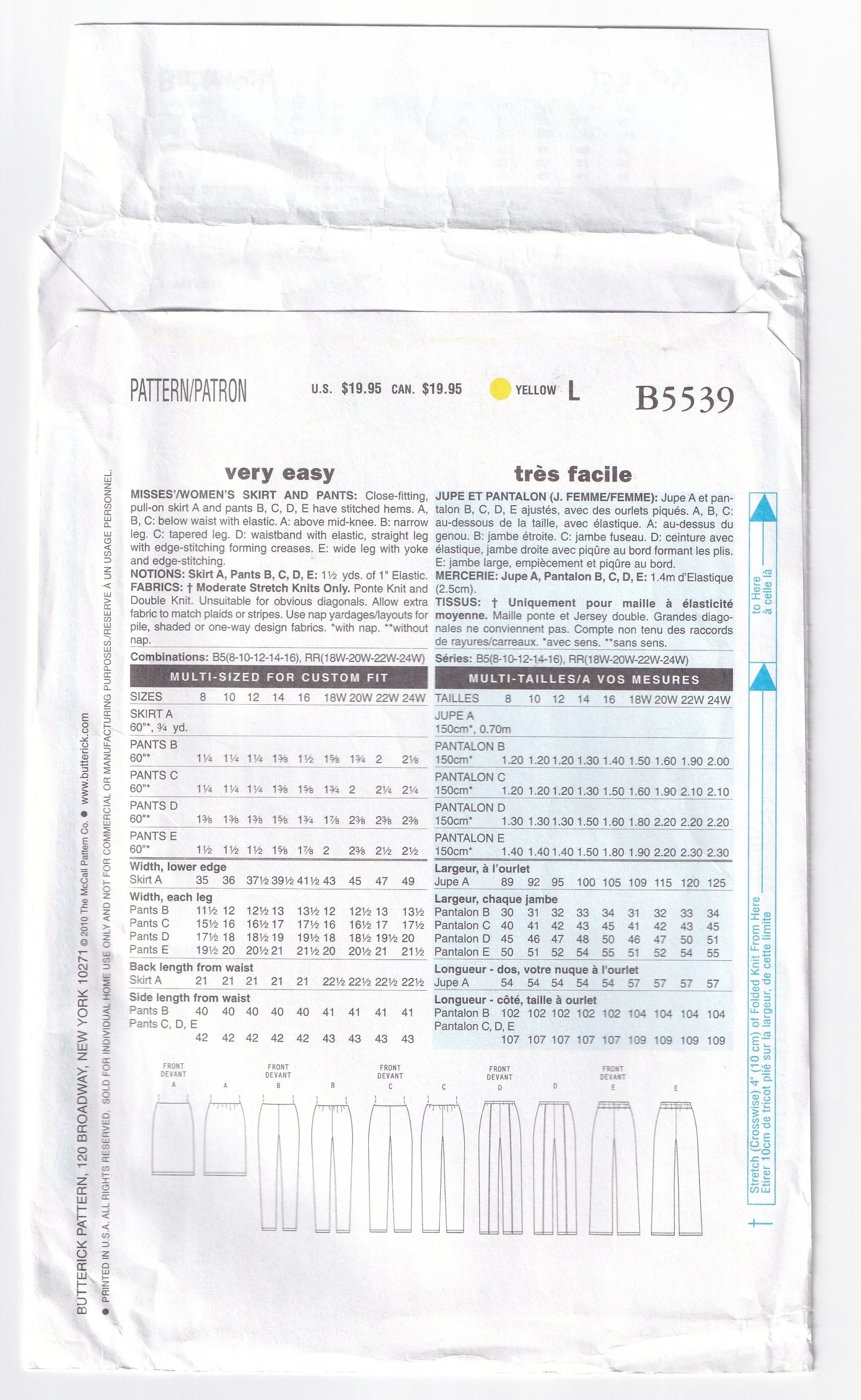 Butterick 5539 Womens EASY Pull On Stretch Slim Skirt & Pants Out Of Print Sewing Pattern Size 18 - 24 UNCUT Factory Folded