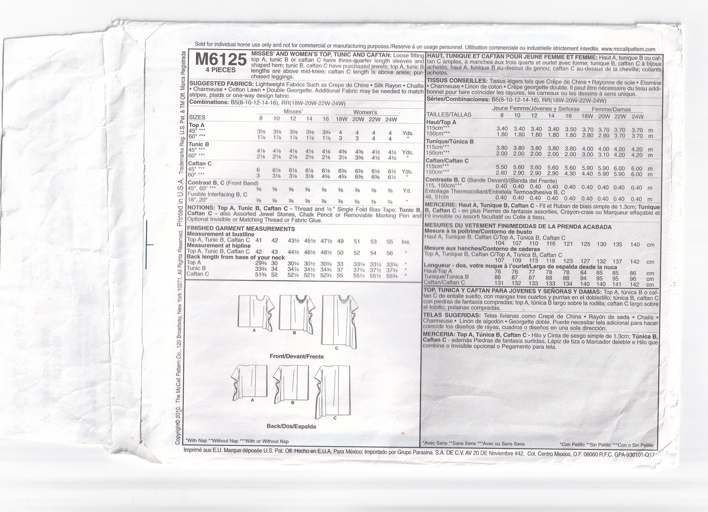 McCall's 6125 Womens EASY Asymmetric Top Tunic & Caftan Out Of Print Sewing Pattern Size 18 - 24 UNCUT Factory Folded