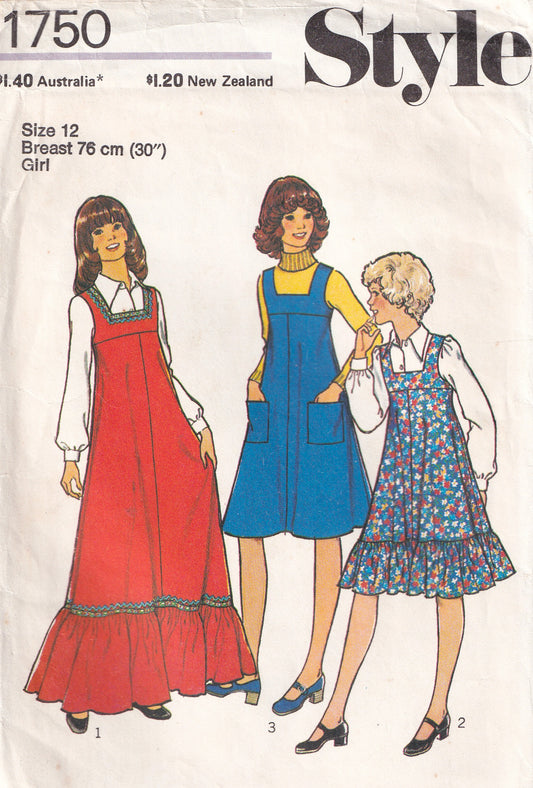 Style 1750 Teen Girls Ruffled Pinafore Dress in 2 Lengths 1970s Vintage Sewing Pattern Size 12
