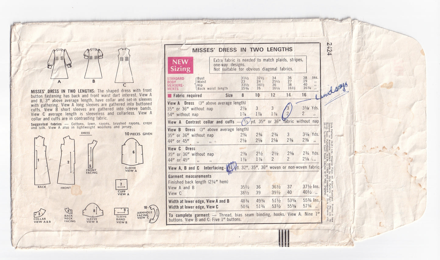 Style 2424 Womens Puff Sleeved Tucked Waist Shift Dresses 1960s Vintage Paper Sewing Pattern Size 12 Bust 34 inches