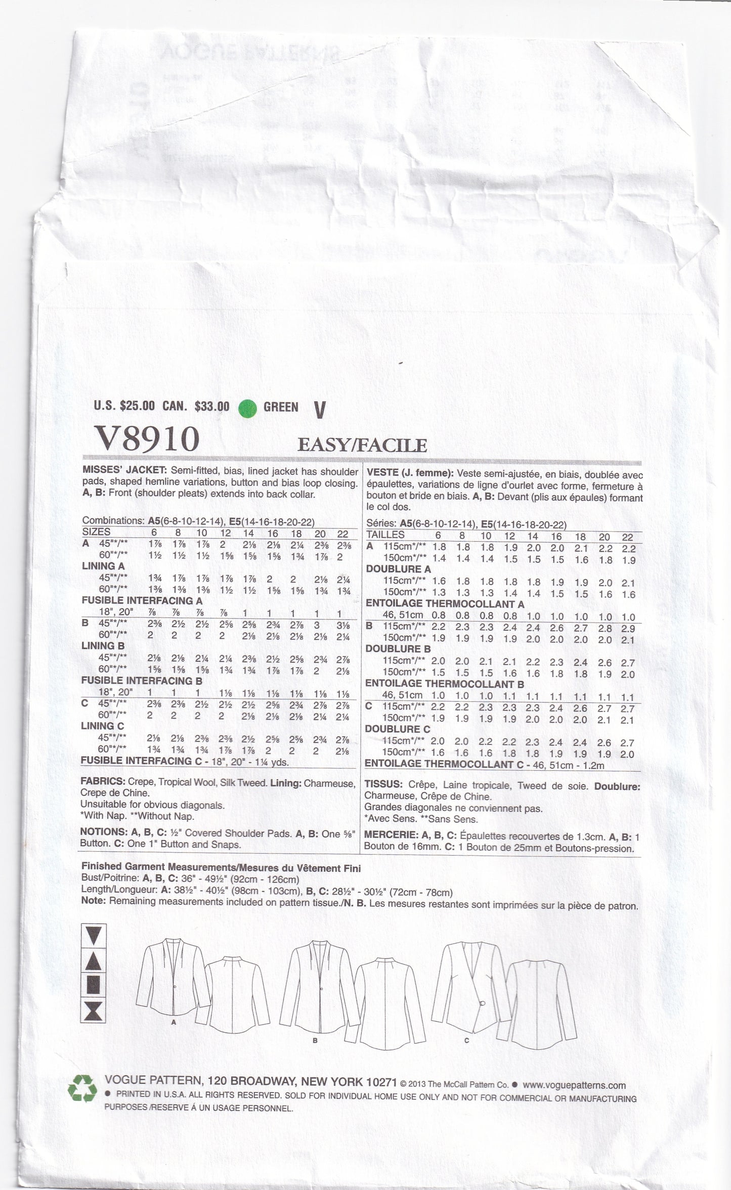 Vogue 8910 Womens Lined Bias Cut Funnel Neck Jacket Out Of Print Paper Sewing Pattern Size 14 - 22 UNCUT Factory Folded