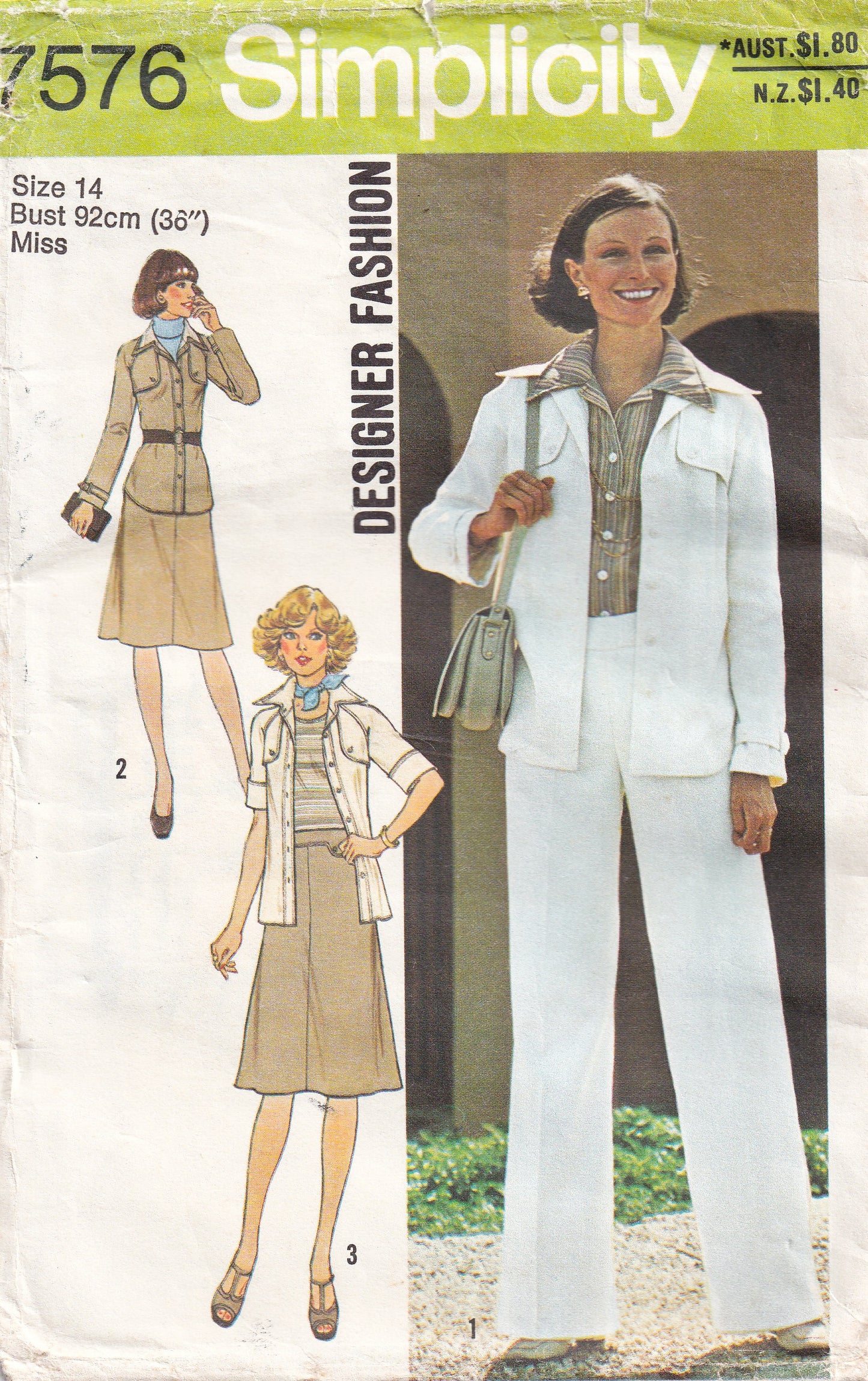 Simplicity 7576 vintage sewing pattern with three women modeling outfits.