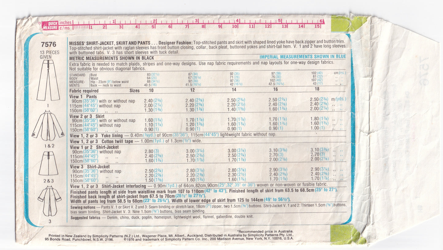 Simplicity 7576 Womens DESIGNER Safari Style Shirt Jacket Skirt & Pants 1970s Vintage Paper Sewing Pattern Size 14 Bust 36 inches
