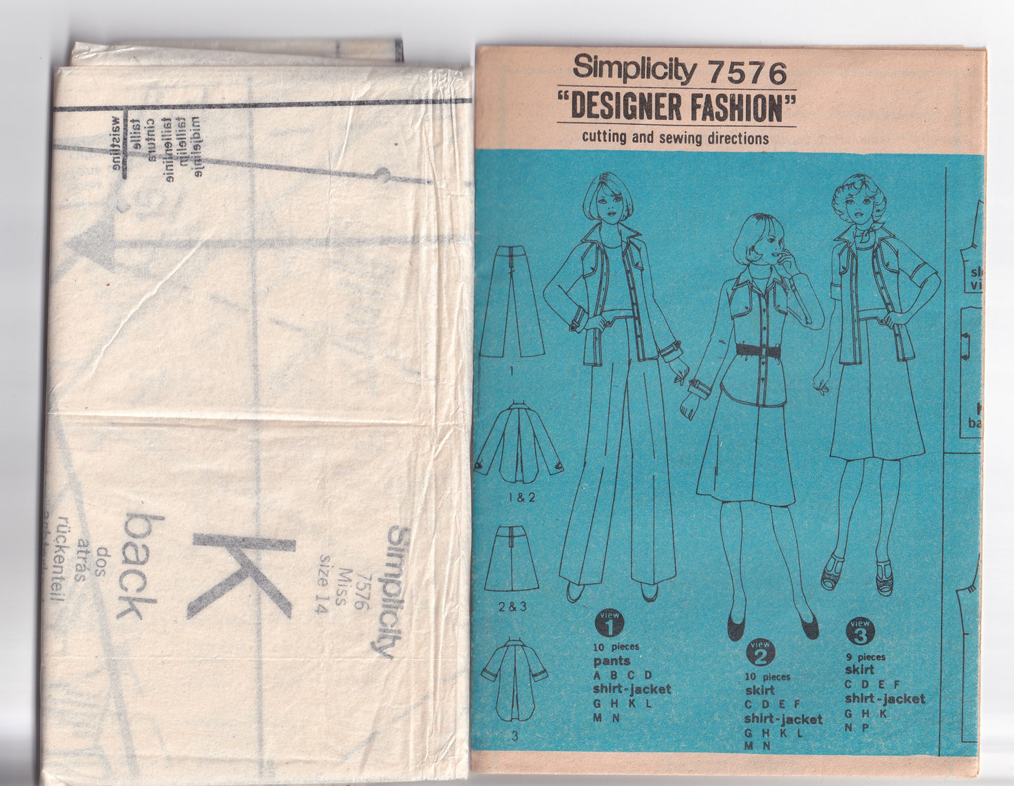 Simplicity 7576 Womens DESIGNER Safari Style Shirt Jacket Skirt & Pants 1970s Vintage Paper Sewing Pattern Size 14 Bust 36 inches