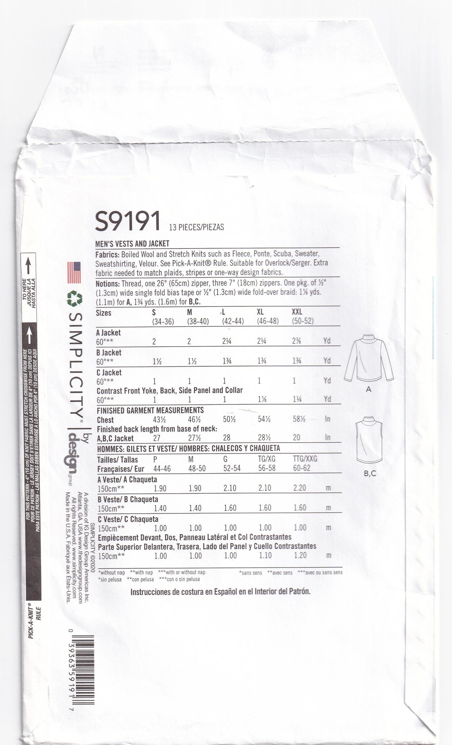 Simplicity 9191 Mens Zip Front Vest & Jacket Paper Sewing Pattern Size S - XXL UNCUT Factory Folded