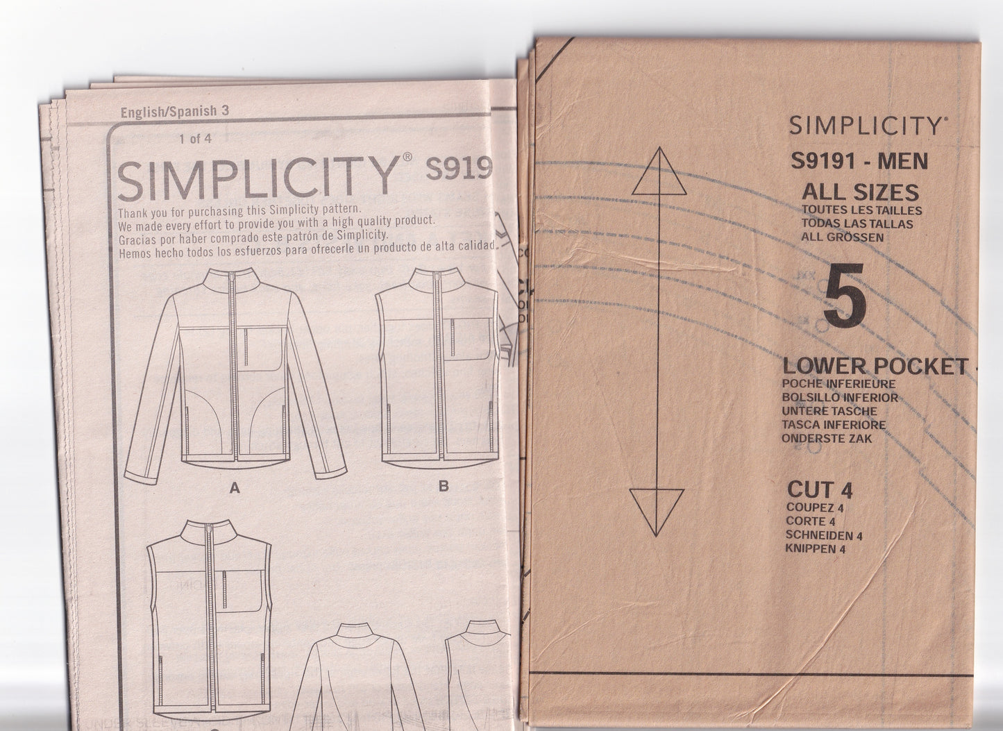 Simplicity 9191 Mens Zip Front Vest & Jacket Paper Sewing Pattern Size S - XXL UNCUT Factory Folded