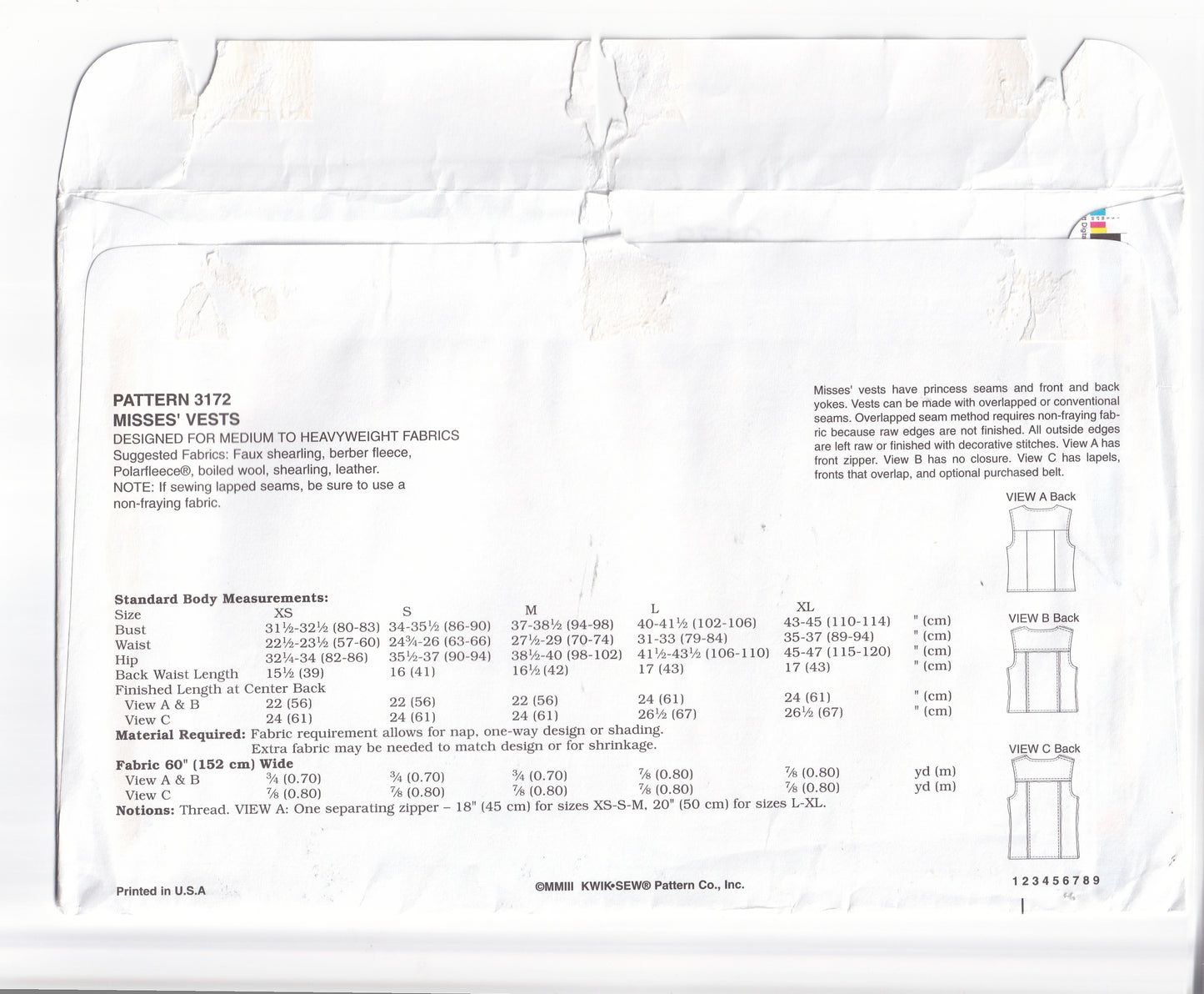 Kwik Sew 3172 Womens Polar Fleece Leather or Wool Raw Edge Vests Out Of Print Paper Sewing Pattern Size XS - XL UNCUT Factory Folded