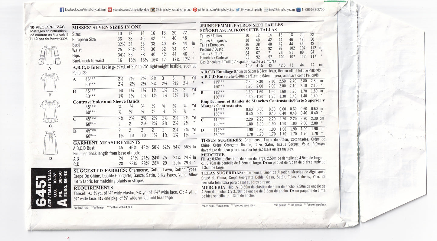 New Look 6451 Womens Raglan Sleeved Tops Out Of Print Sewing Pattern Size 10 - 22 UNCUT Factory Folded