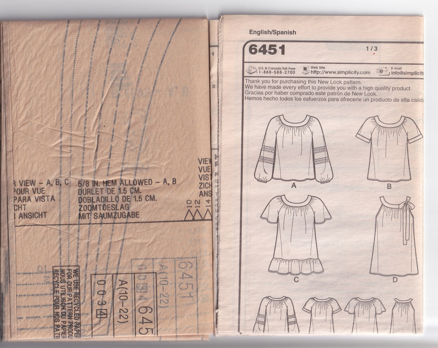 New Look 6451 Womens Raglan Sleeved Tops Out Of Print Sewing Pattern Size 10 - 22 UNCUT Factory Folded