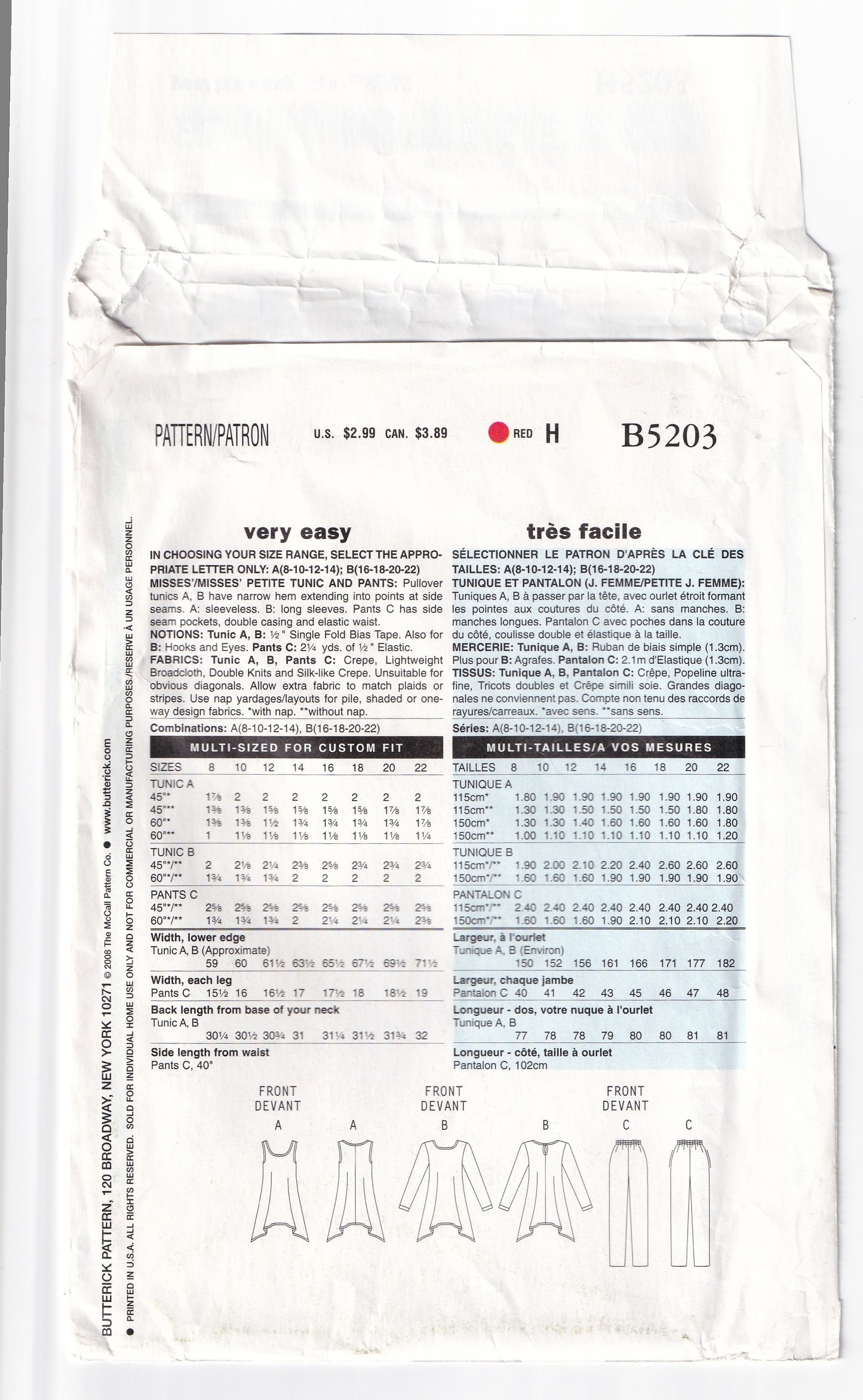 Butterick See & Sew 5203 Womens EASY Pullover Tent Tops & Pants Out Of Print Sewing Pattern Sizes 8 - 14 UNCUT Factory Folded