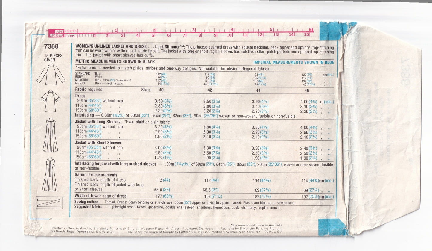 Simplicity 7388 Womens Square Neck Princess Sundress & Jacket 1970s Vintage Paper Sewing Pattern Size Bust 44 & 46 Inches