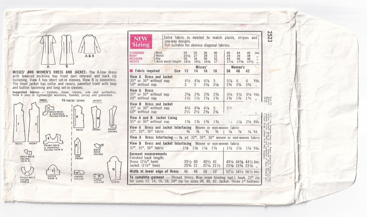 Style 2523 Womens A Line Dress & Matching Lined Jacket 1960s Vintage Sewing Pattern Size 16 Bust 38 inches