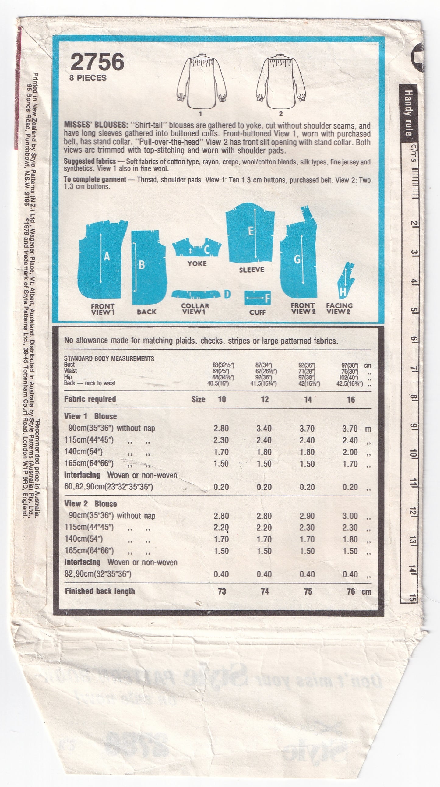 Style 2756 Womens Gathered Shoulder Pullover Blouse 1970s Vintage Paper Sewing Pattern Size 12 Bust 34 inches