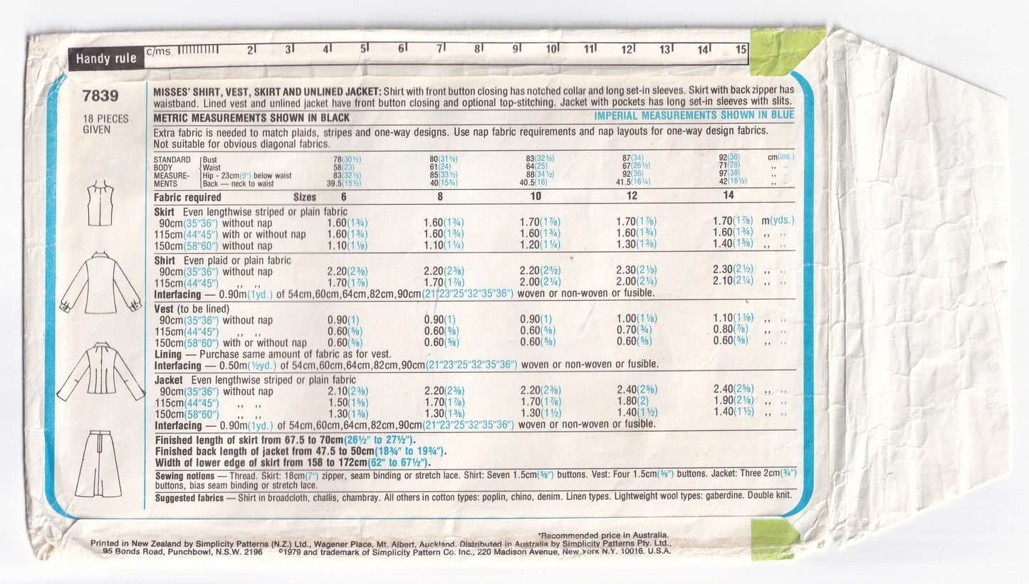 Simplicity 7839 Womens Wide Lapel Jacket Shirt Vest & Skirt 1970s Vintage Paper Sewing Pattern Size 12 Bust 34 Inches