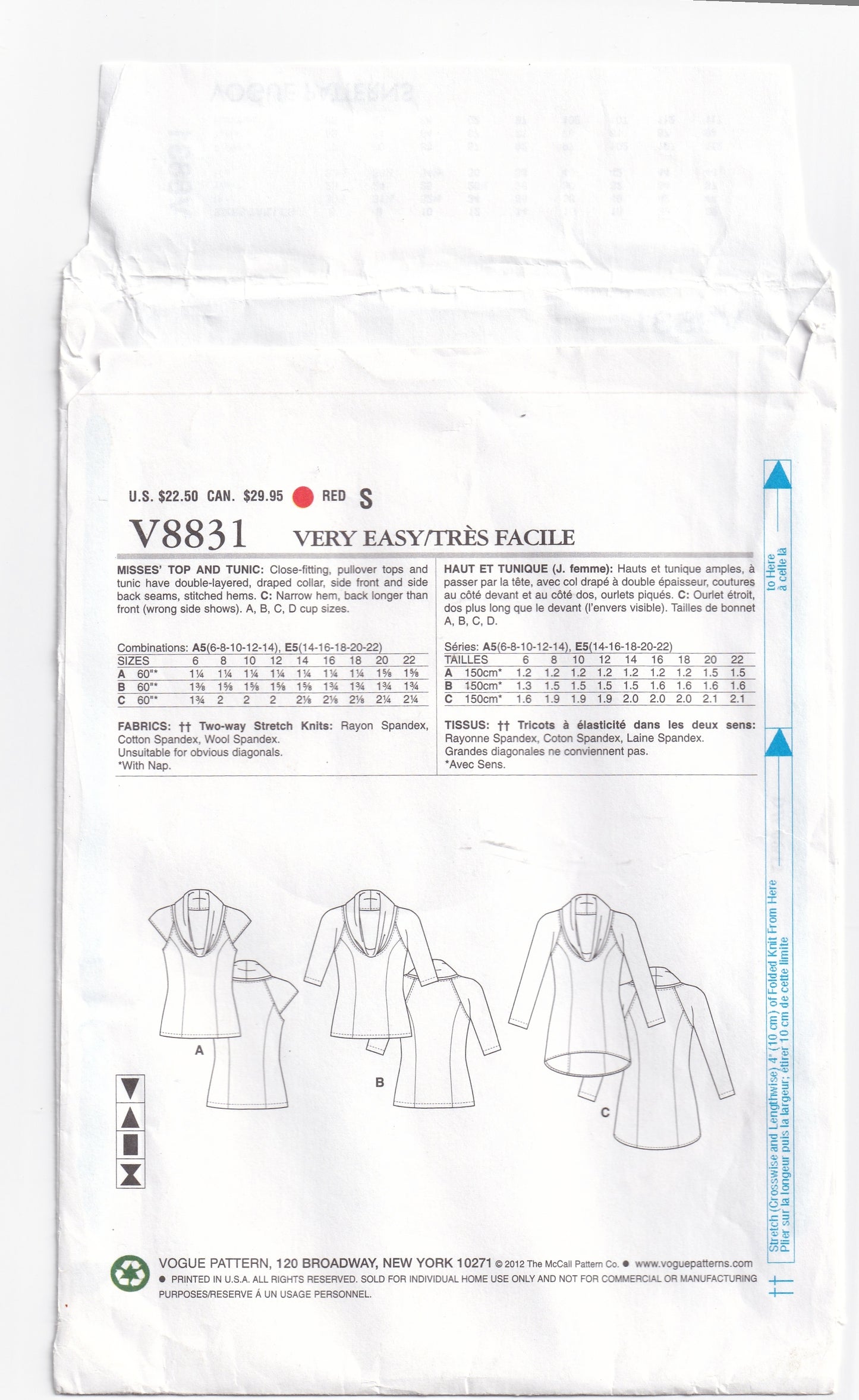 Very Easy Vogue 8831 Womens CUSTOM FIT Stretch Knit Pullover Cowl Neck Top & Tunic Out Of Print Paper Sewing Pattern Sizes 6 - 14 UNCUT Factory Folded