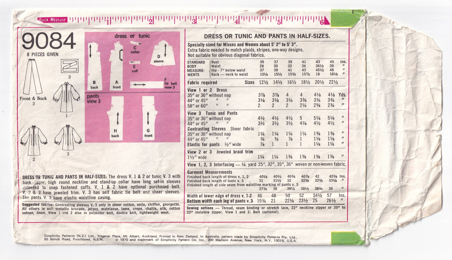 Simplicity 9084 Womens Half Sized High Collar Big Sleeved Dress Top & Pants 1970s Vintage Sewing Pattern Bust 39 inches