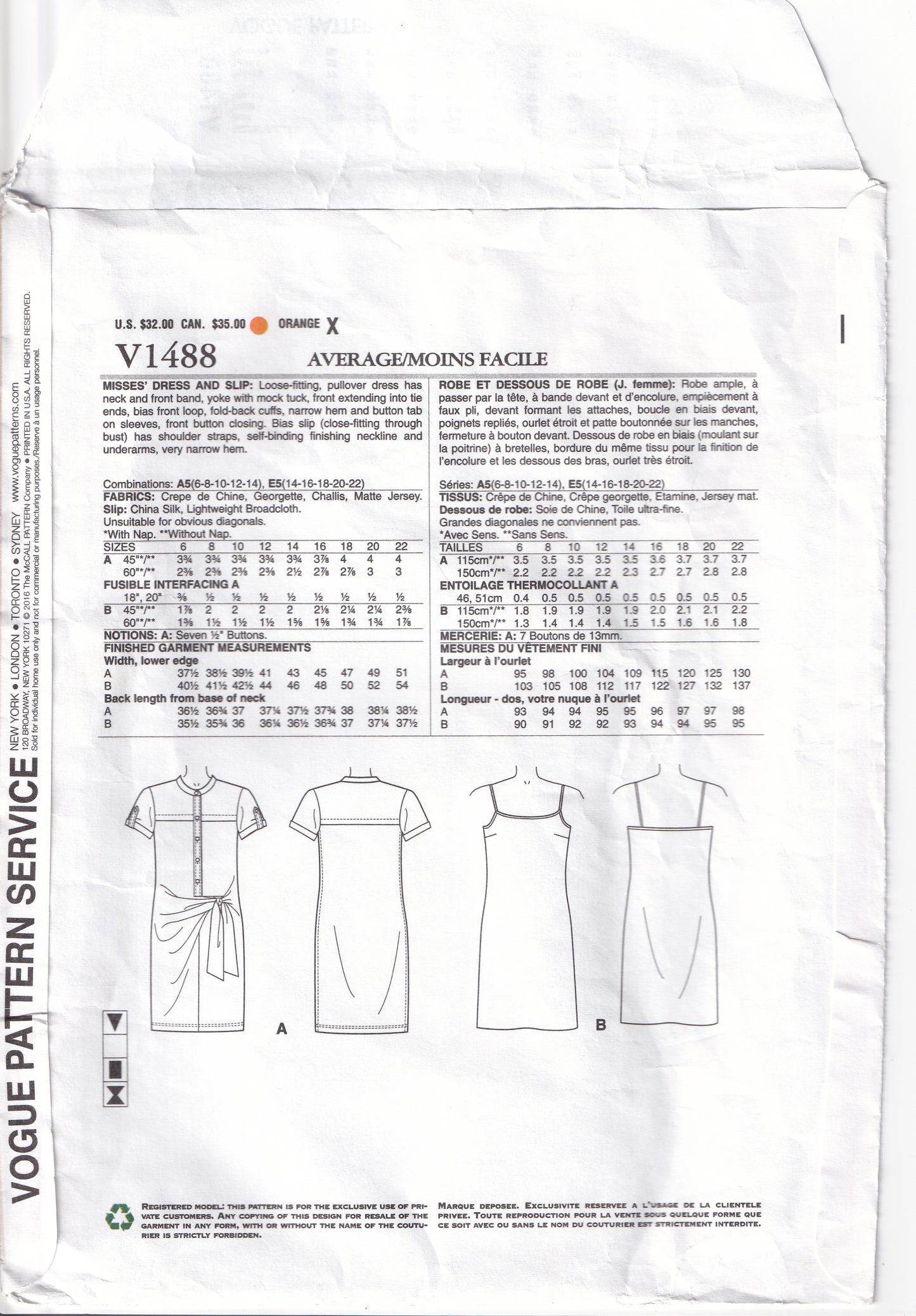 Vogue American Designer 1488 DKNY Womens Tie Front Shirtdress & Slip Out Of Print Sewing Pattern Size 14 - 22 UNCUT Factory Folded