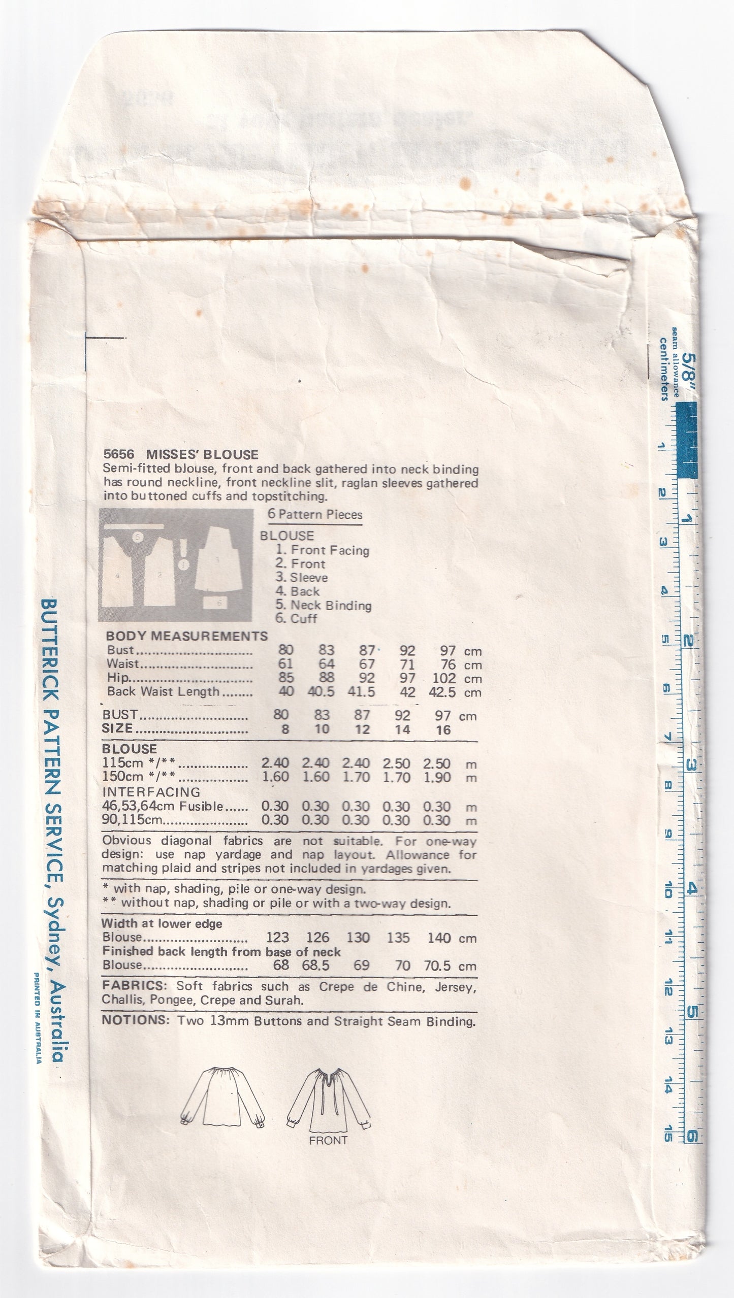 Butterick 5656 Womens Raglan Sleeved Peasant Tops 1970s Vintage Sewing Pattern Size 16 Bust 38 inches