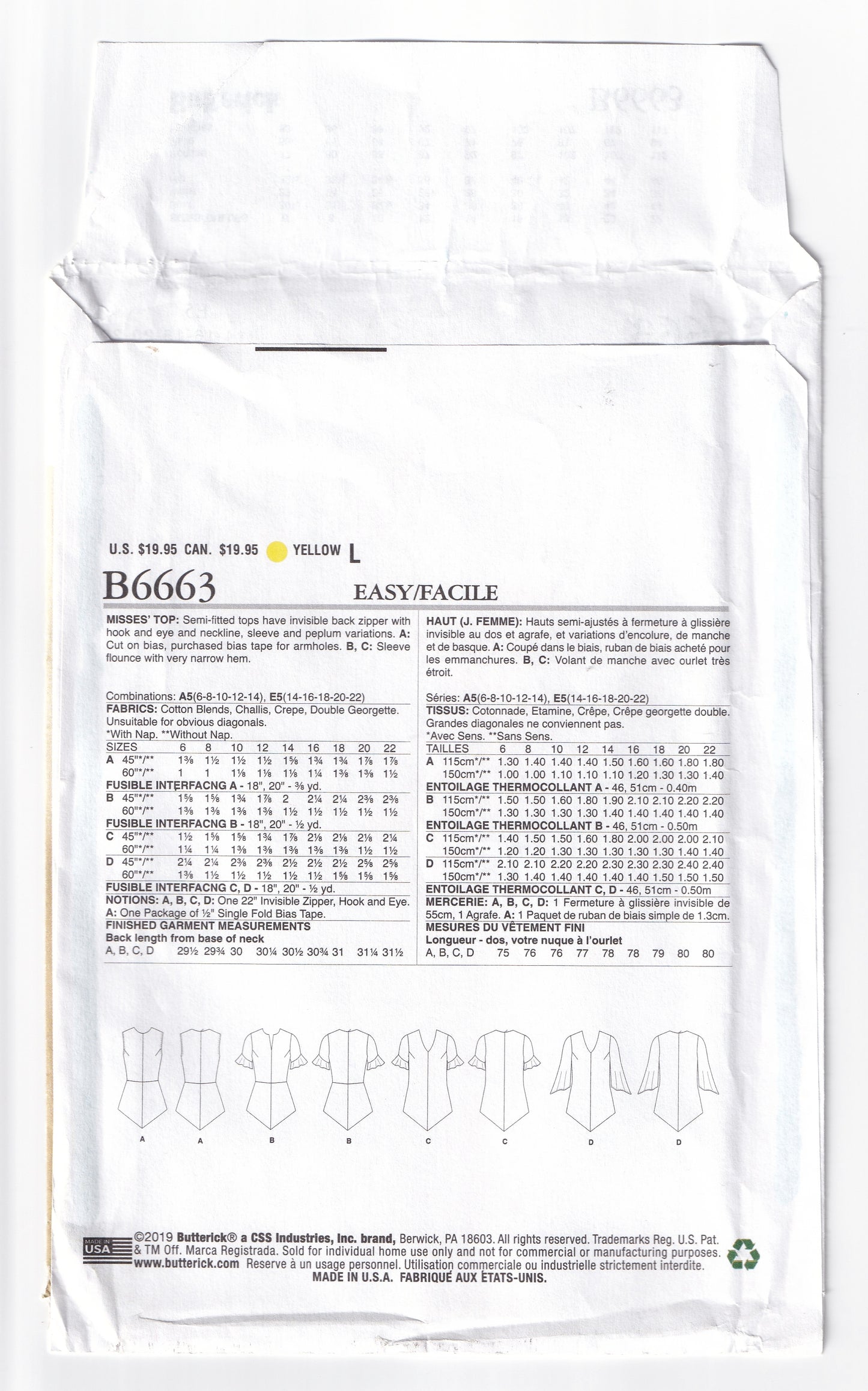 Butterick 6663 Womens Bias Cut Tops Sewing Pattern Sizes 14 - 22 UNCUT Factory Folded