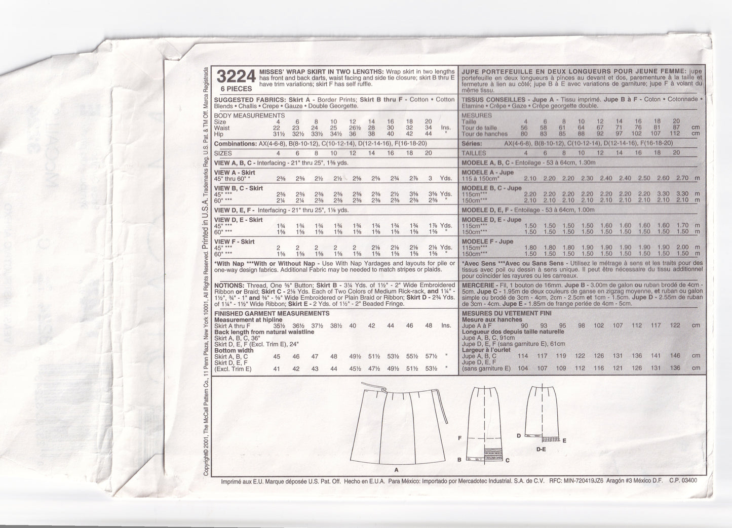 McCall's 3224 Womens EASY Summer Wrap Skirts Out Of Print Sewing Pattern Size 10 - 14 UNCUT Factory Folded