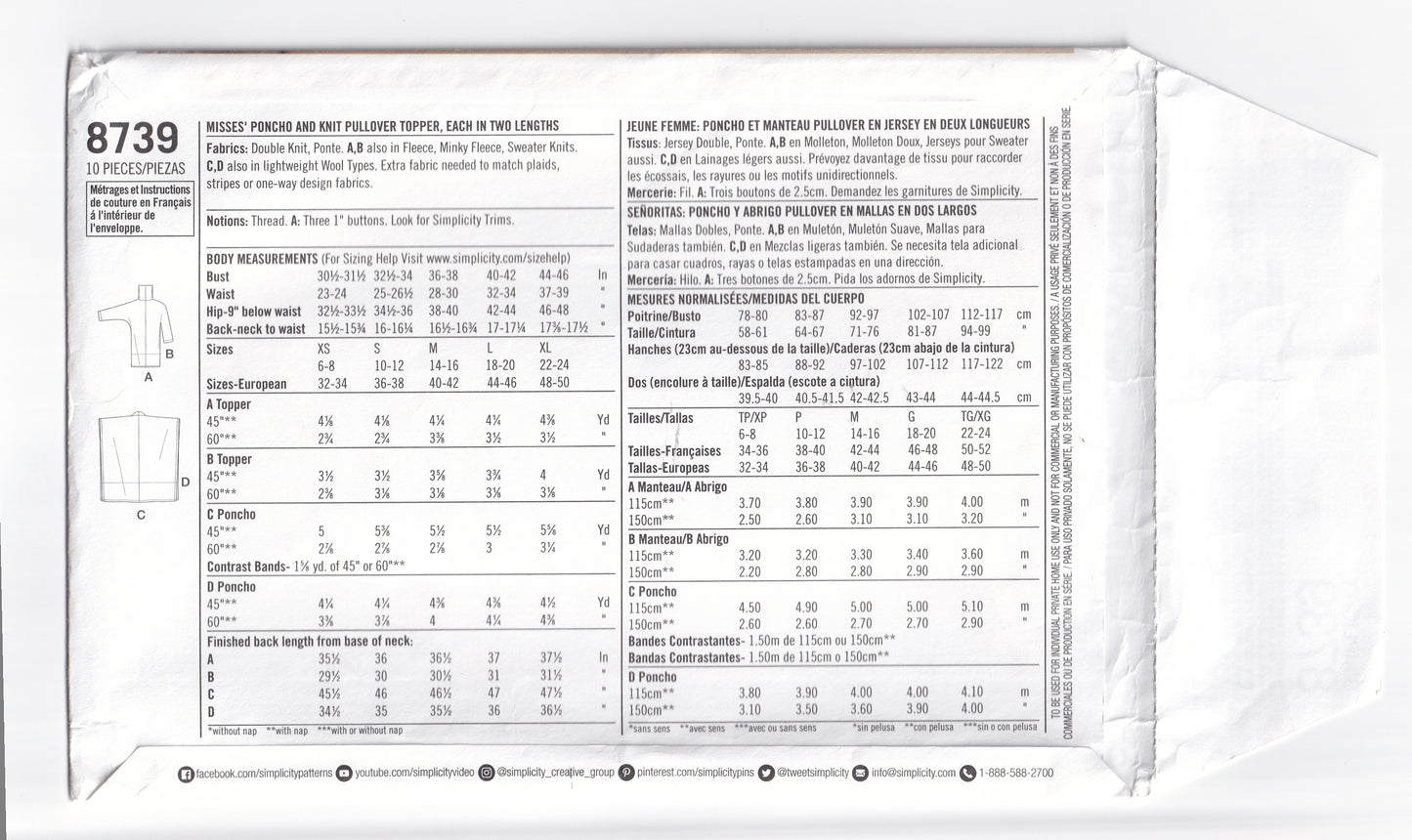 Simplicity 8739 Womens Stretch Knit Poncho & Pullover Sweater Out Of Print Paper Sewing Pattern Sizes XS - XL UNCUT Factory Folded