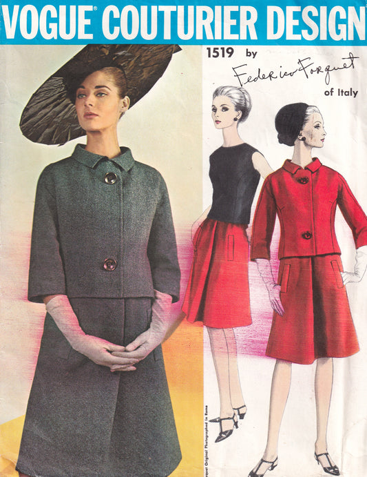 Vogue Couturier Design 1519 FEDERICO FORQUET Womens Tailored Skirt Suit & Overblouse 1960s Vintage Paper Sewing Pattern Size 14 Bust 34 inches UNUSED Factory Folded