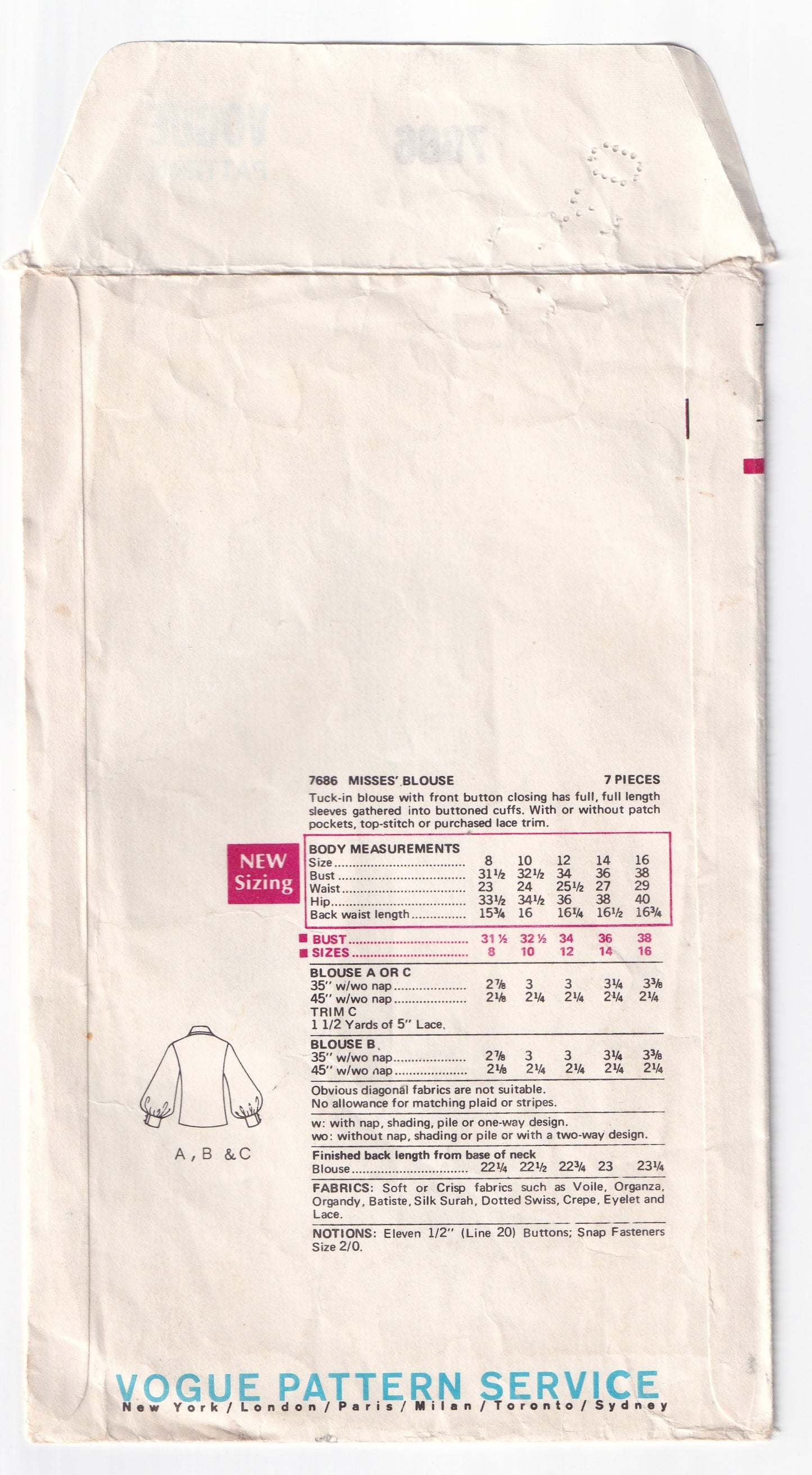 Vogue 7686 Womens Wide Collar Blouse with Full Gathered Sleeves 1960s Vintage Paper Sewing Pattern Size 12 Bust 34 Inches