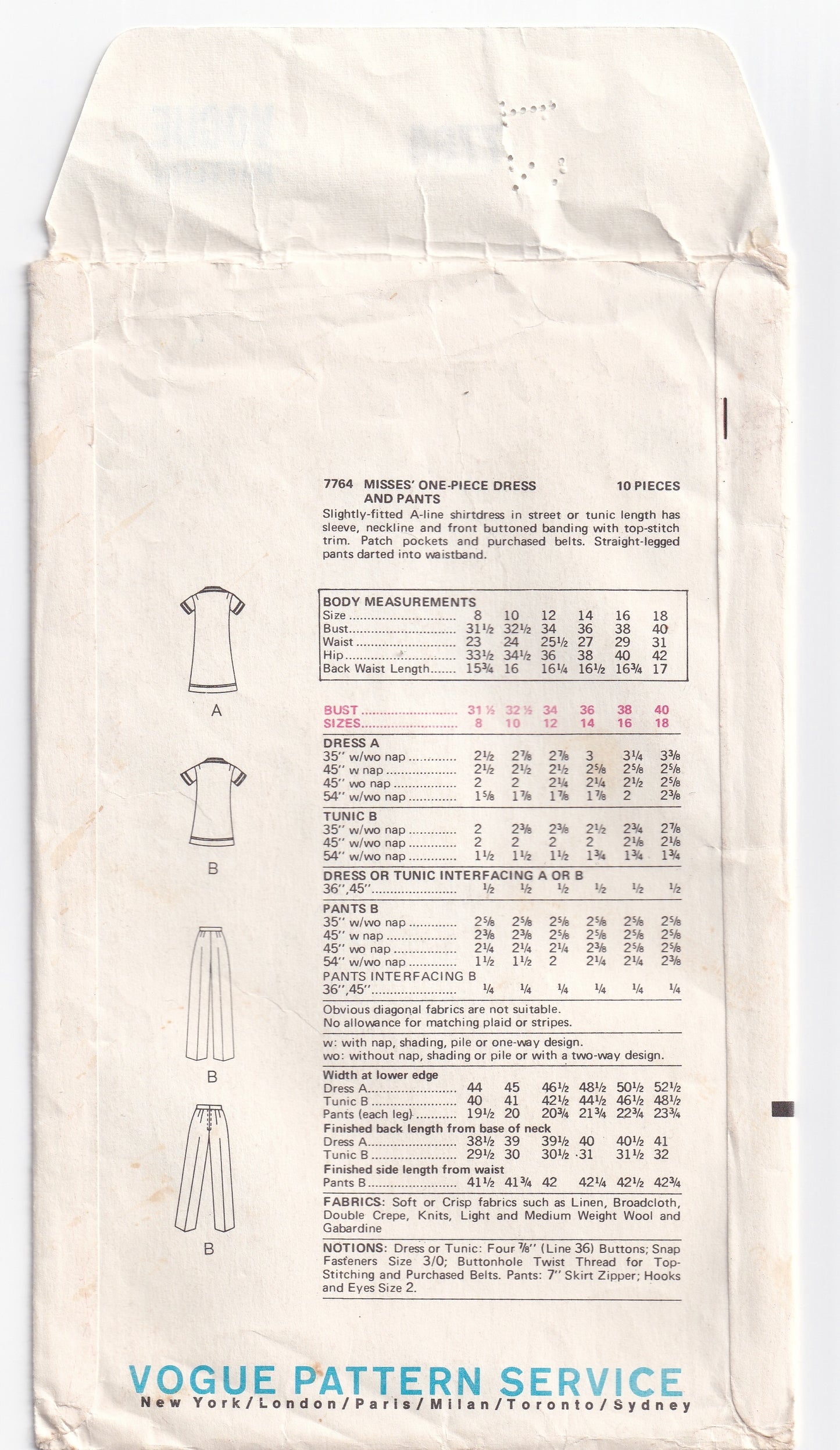 Vogue 7764 Womens Mini Dress Tunic & Pants 1970s Vintage Paper Sewing Pattern Size 12 Bust 34 Inches