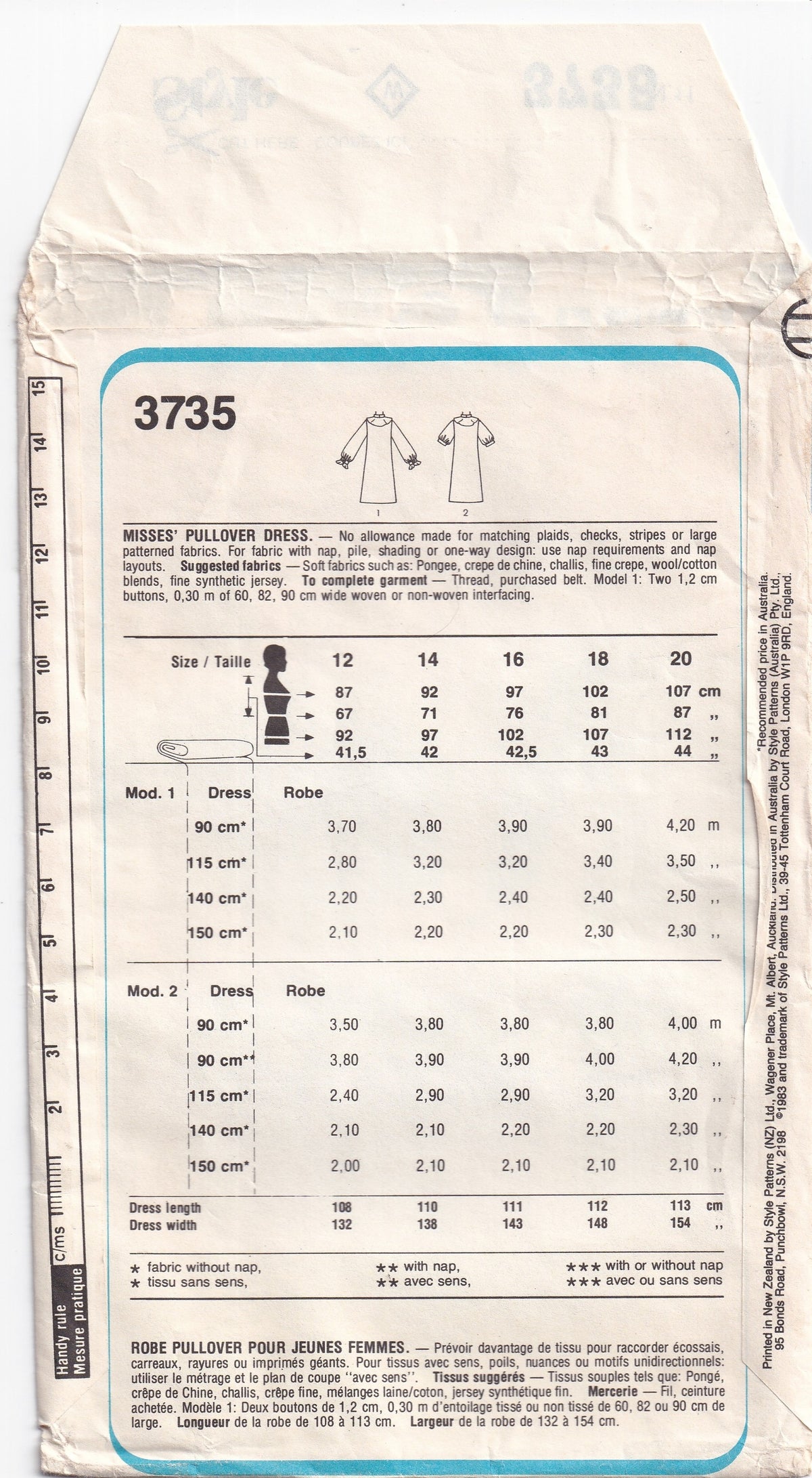 Style 3735 Womens Pullover Dress with Ruffled Neckline 1980s Vintage Paper Sewing Pattern 12 - 16 UNCUT Factory Folded
