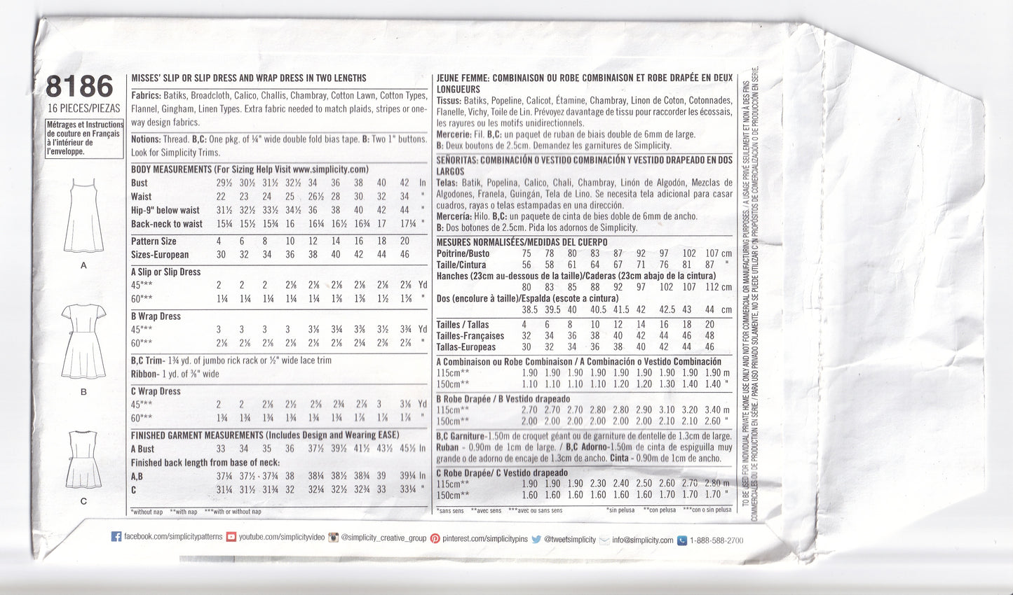 Simplicity 8186 DOTTIE ANGEL Womens Loose Fitting Dress & Tunic Sewing Pattern Sizes 4 - 12 UNCUT Factory Folded