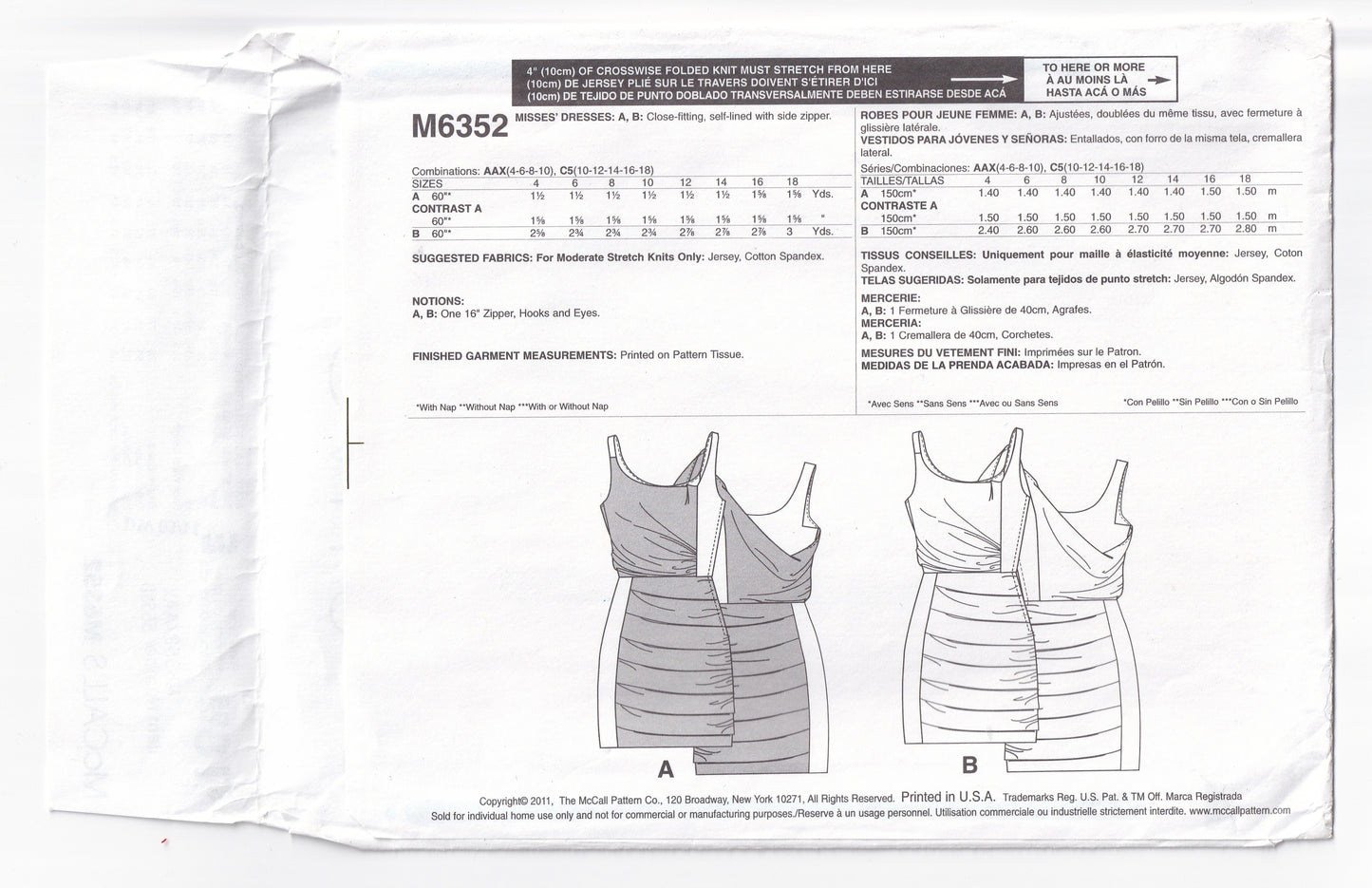 McCall's 6352 Womens Stretch Knit Asymmetric Dress Out Of Print Sewing Pattern Sizes 4 - 10 UNCUT Factory Folded