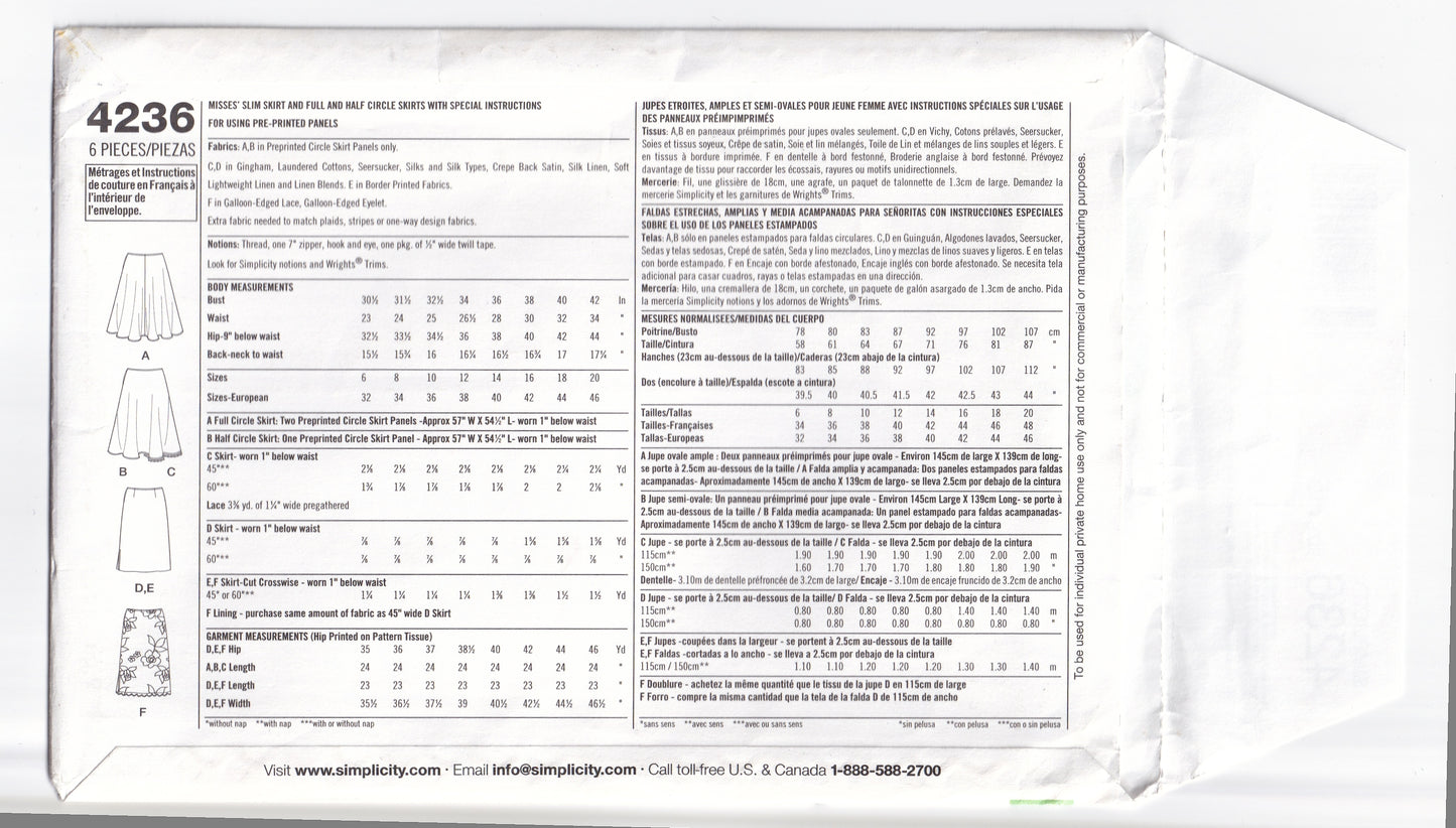 Simplicity 4236 Womens EASY Full or Half Circle Skirts Out Of Print Sewing Pattern Size 6 - 14 UNCUT Factory Folded