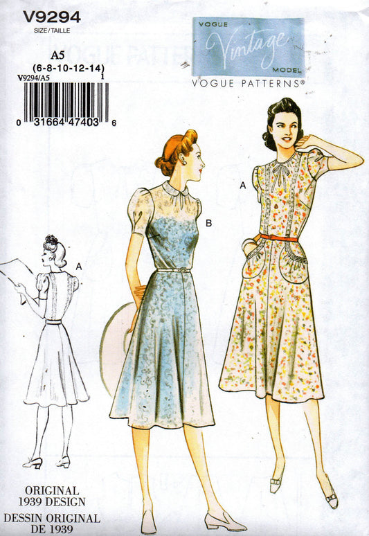 Vogue Vintage Model 9294 Womens Puff Sleeved Sundress Reissued 1930s Sewing Pattern Size 6 - 14 UNCUT Factory Folded