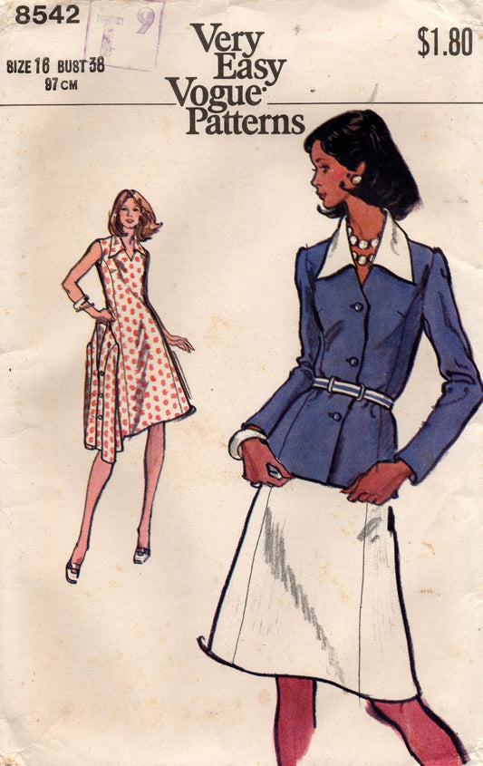 Vogue 8542 Womens Wide Collar Sleeveless Princess Dress & Jacket 1970s Vintage Sewing Pattern Size 16 Bust 38 inches UNCUT Factory Folded