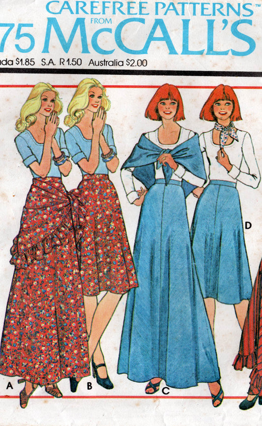 McCall's 5296 Womens T Shirt Bias Skirts & Shawl 1970s Vintage Sewing Pattern Size 12 Bust 34 inches