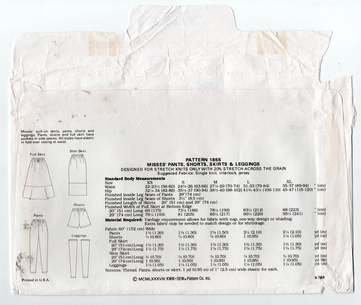 Kwik Sew 1855 Womens Stretch Skirts Shorts Pants & Leggings 1980s Vintage Sewing Pattern Size XS - L UNCUT Factory Folded