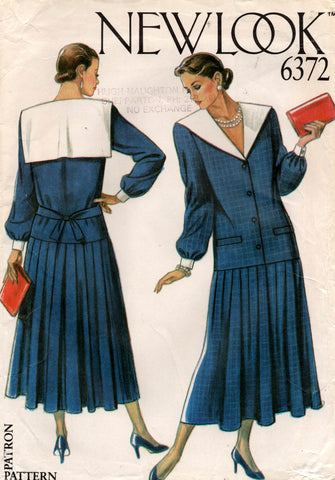 New Look 6372 Womens Drop Waisted Sailor Collar Dress 1980s Vintage Sewing Pattern Size 8 - 18 UNCUT Factory Folded