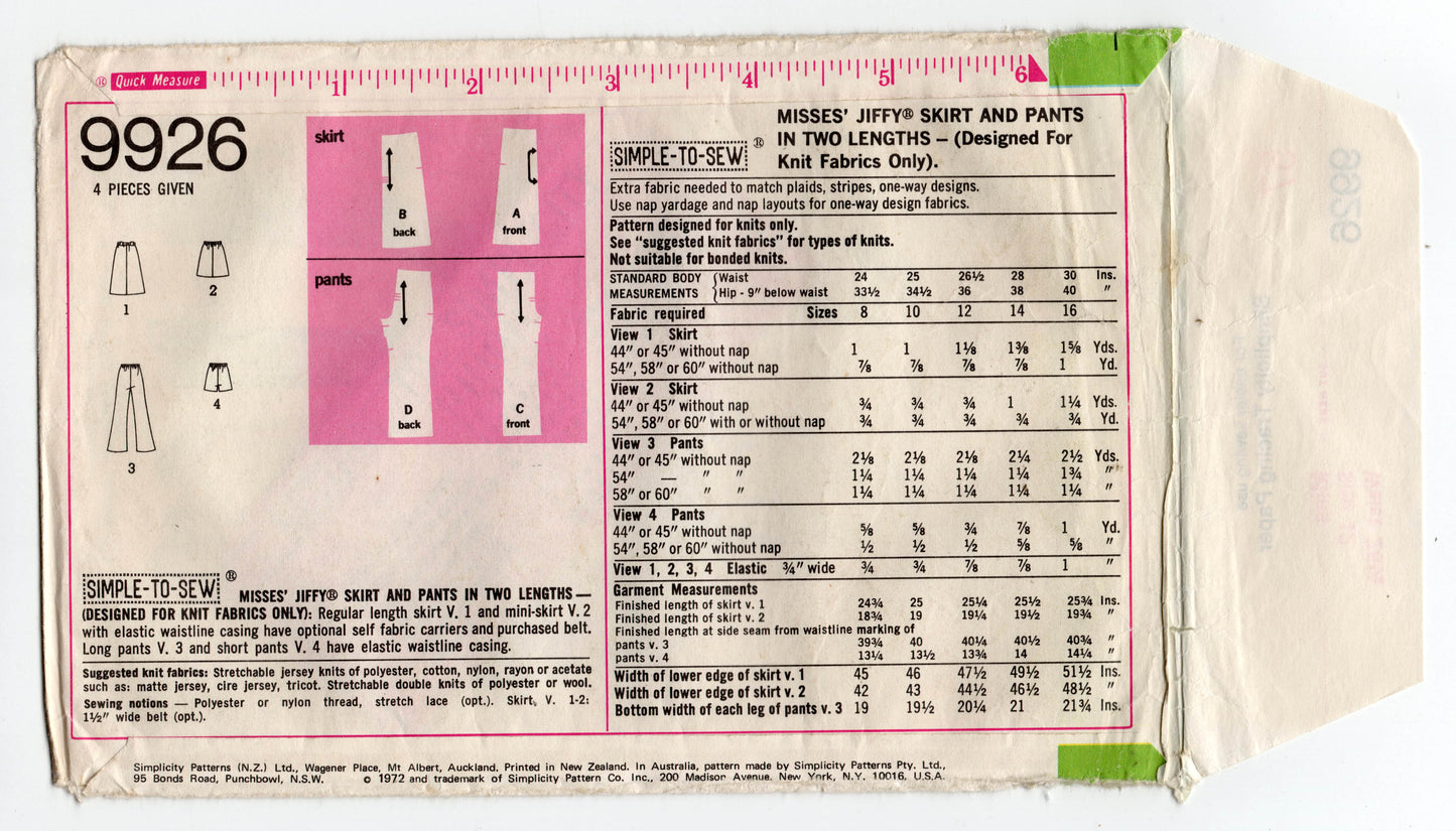 Simplicity 9926 Womens JIFFY Skirt Shorts & Pants 1970s Vintage Sewing Pattern Size 12 UNCUT Factory Folded