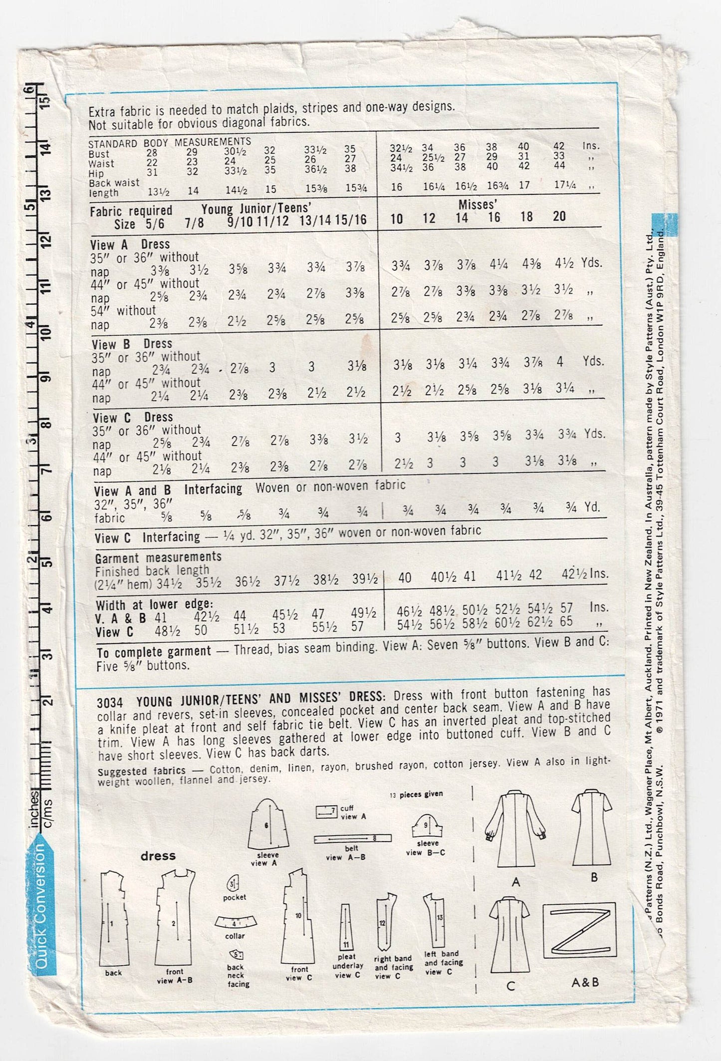 Style 3034 Womens Classic Fit & Flared Shirtdress 1970s Vintage Sewing Pattern Size 12 or 14