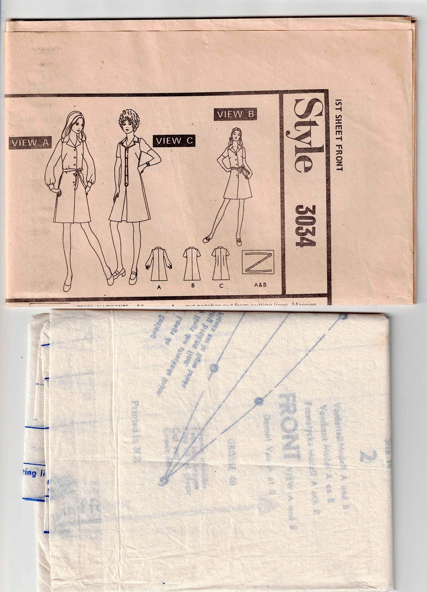 Style 3034 Womens Classic Fit & Flared Shirtdress 1970s Vintage Sewing Pattern Size 12 or 14